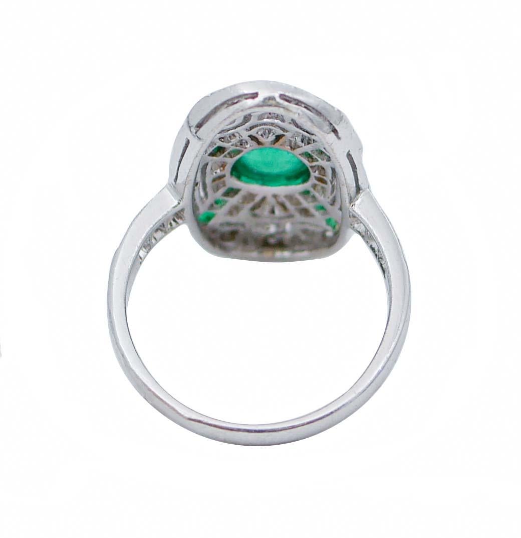 Retro Emeralds, Diamonds, 18 Karat White Gold Ring