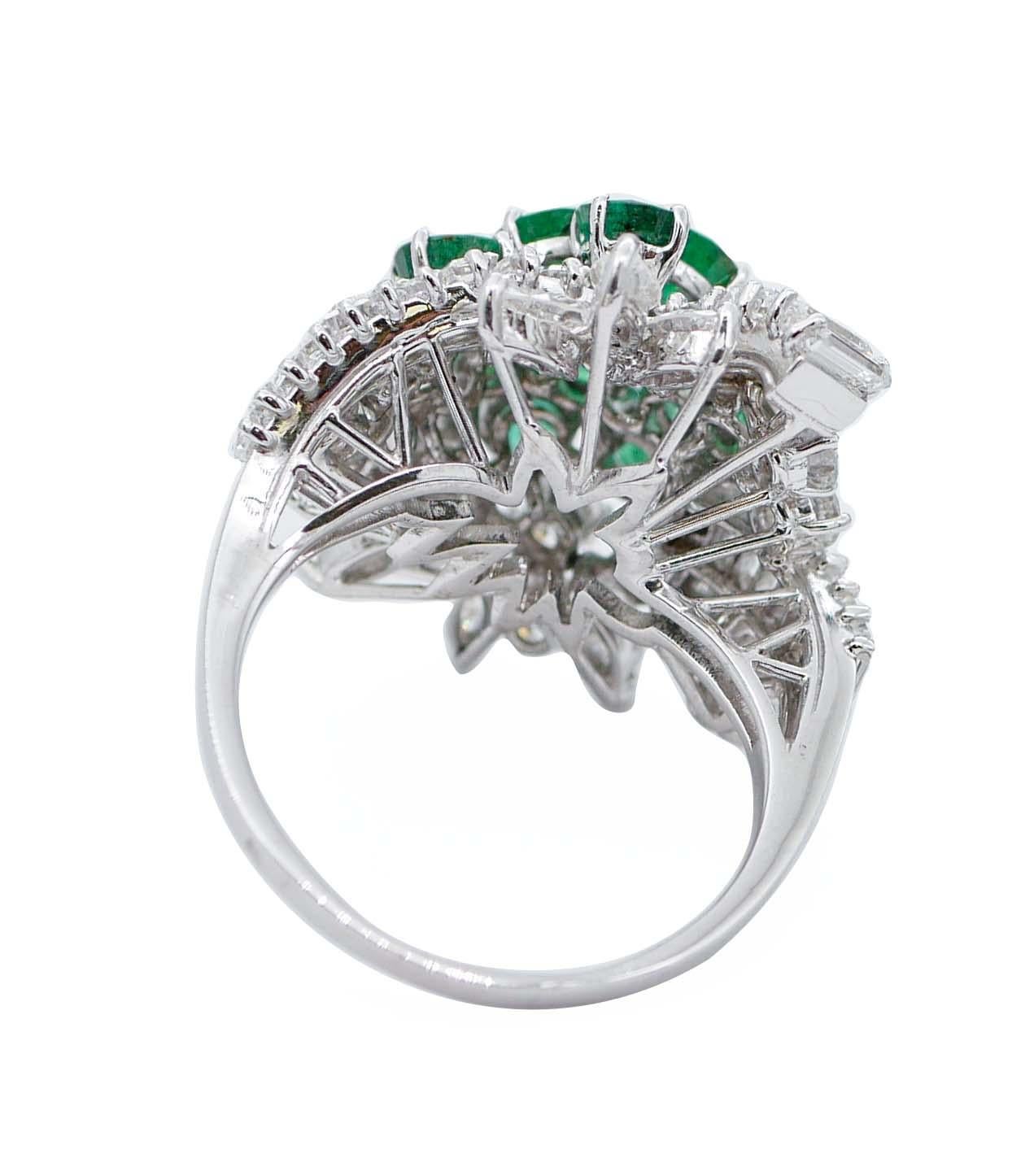 Mixed Cut Emeralds, Diamonds, 18 Karat White Gold Ring For Sale