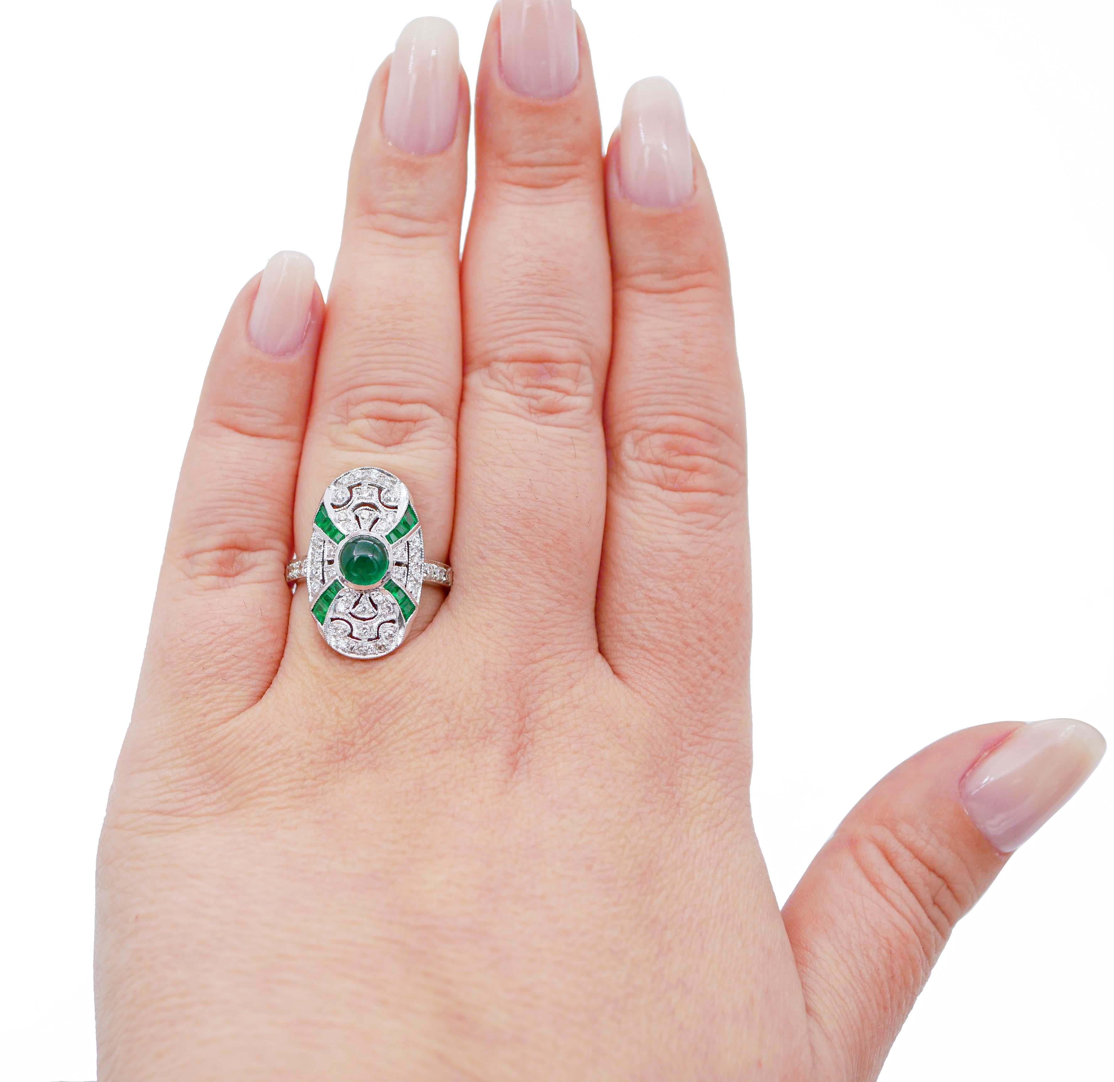 Mixed Cut Emeralds, Diamonds, 18 Karat White Gold Ring