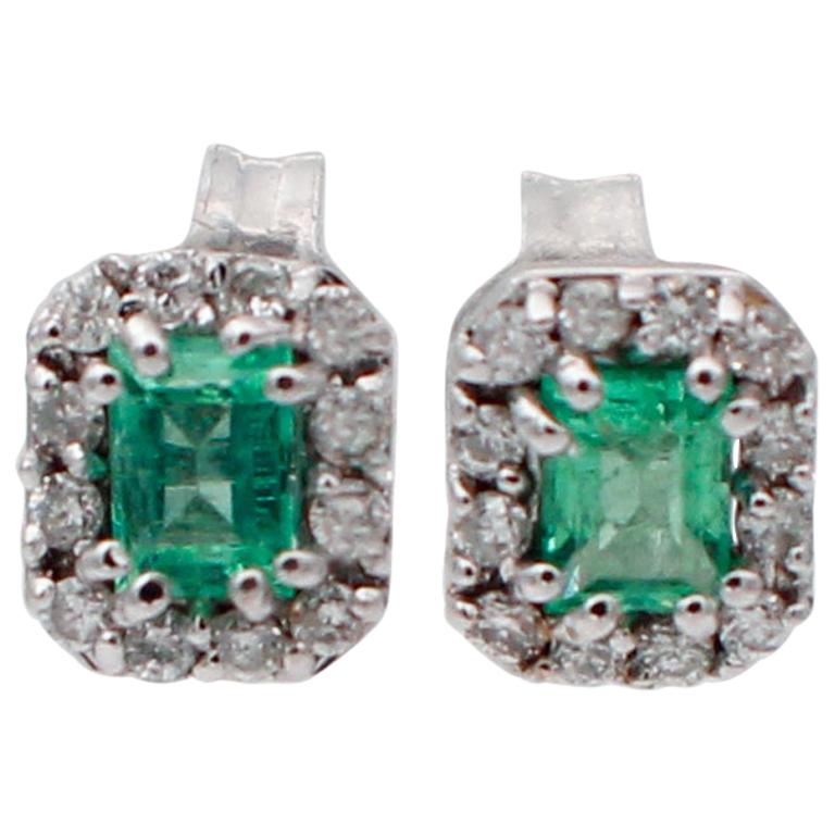 Emeralds, Diamonds, 18 Karat White Gold Stud Earrings