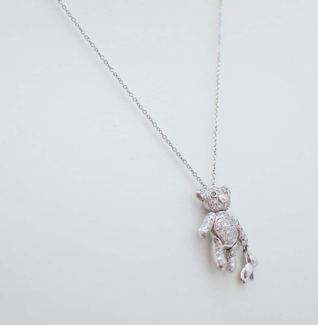 Esmeraldas, Diamantes, Oro Blanco 18 Kilates Collar Colgante Teddy Moderno en venta