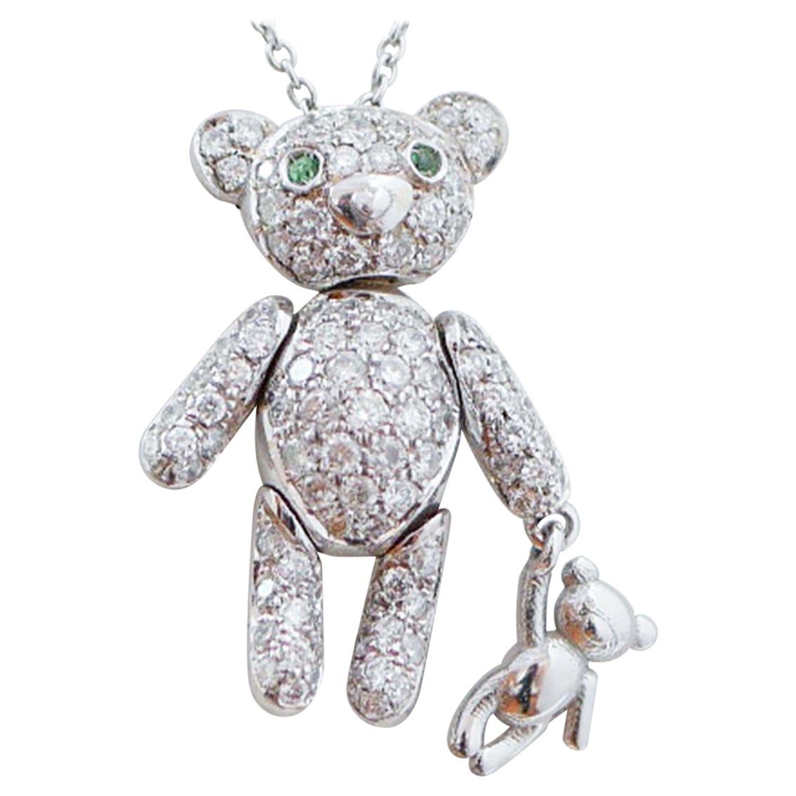 Emeralds, Diamonds, 18 Karat White Gold Teddy Pendant Necklace For Sale