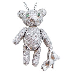 Emeralds, Diamonds, 18 Karat White Gold Teddy Pendant Necklace