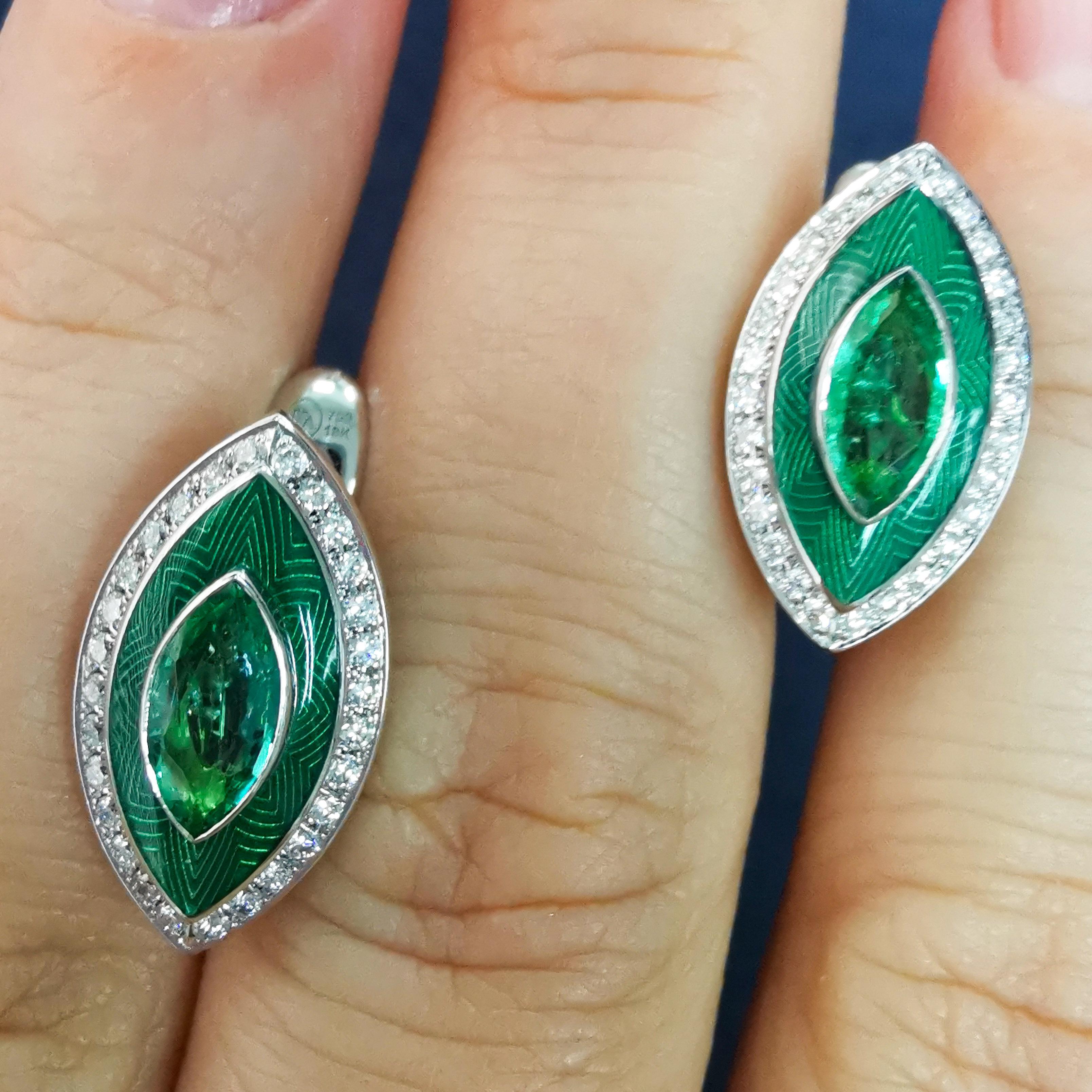 Contemporary Emeralds Diamonds 18 Karat White Gold Tweed Marquise Earrings For Sale