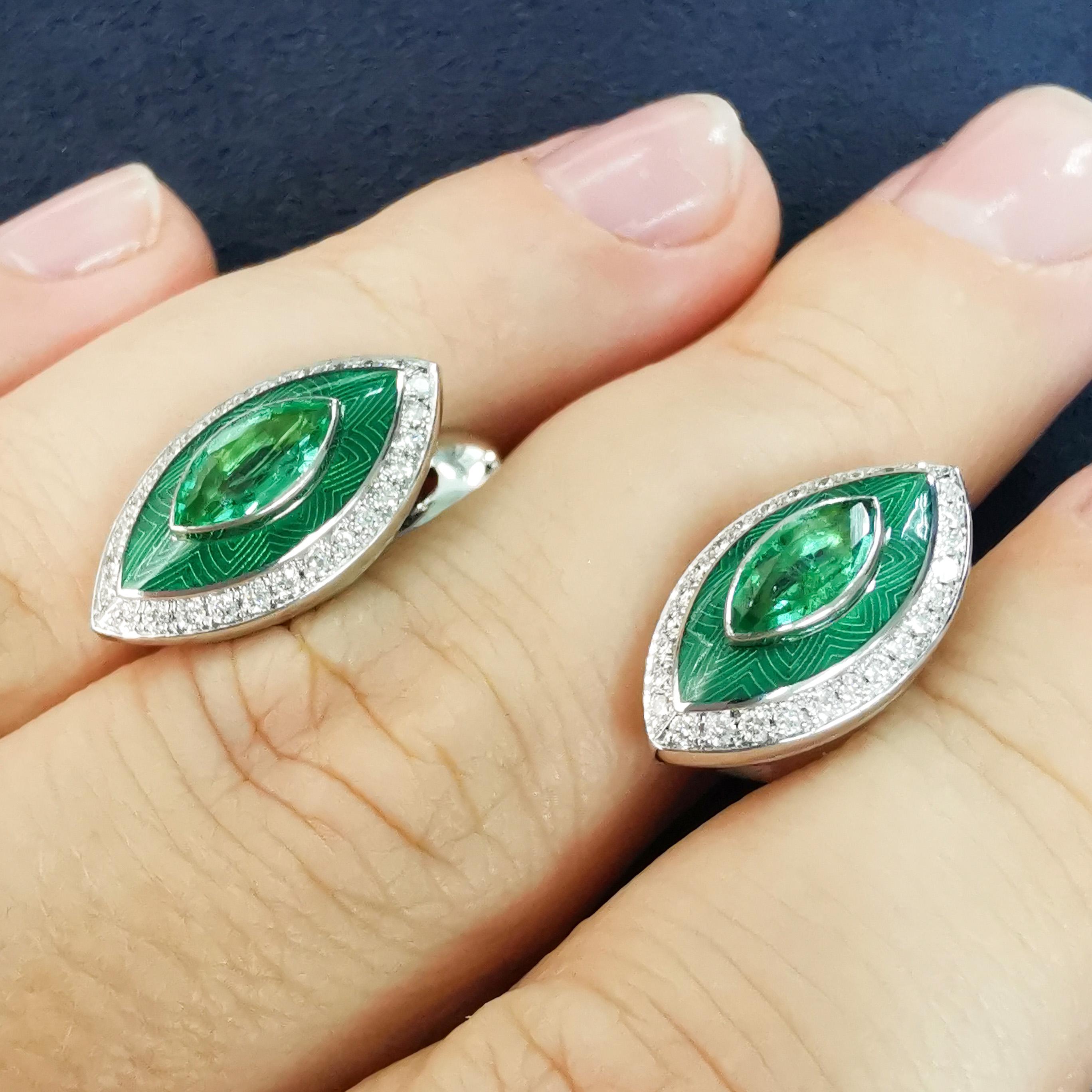 Marquise Cut Emeralds Diamonds 18 Karat White Gold Tweed Marquise Earrings For Sale