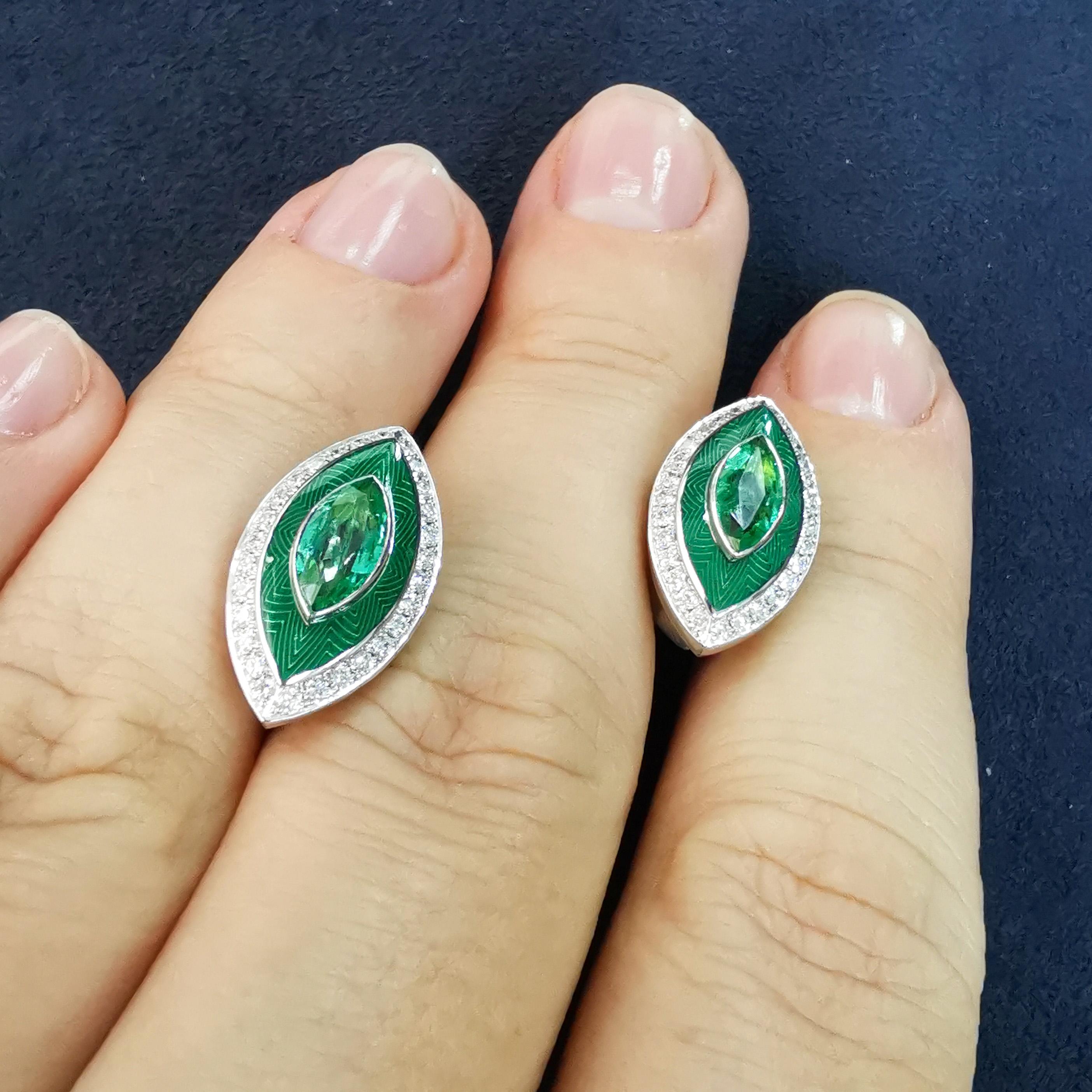 Emeralds Diamonds 18 Karat White Gold Tweed Marquise Earrings In New Condition For Sale In Bangkok, TH