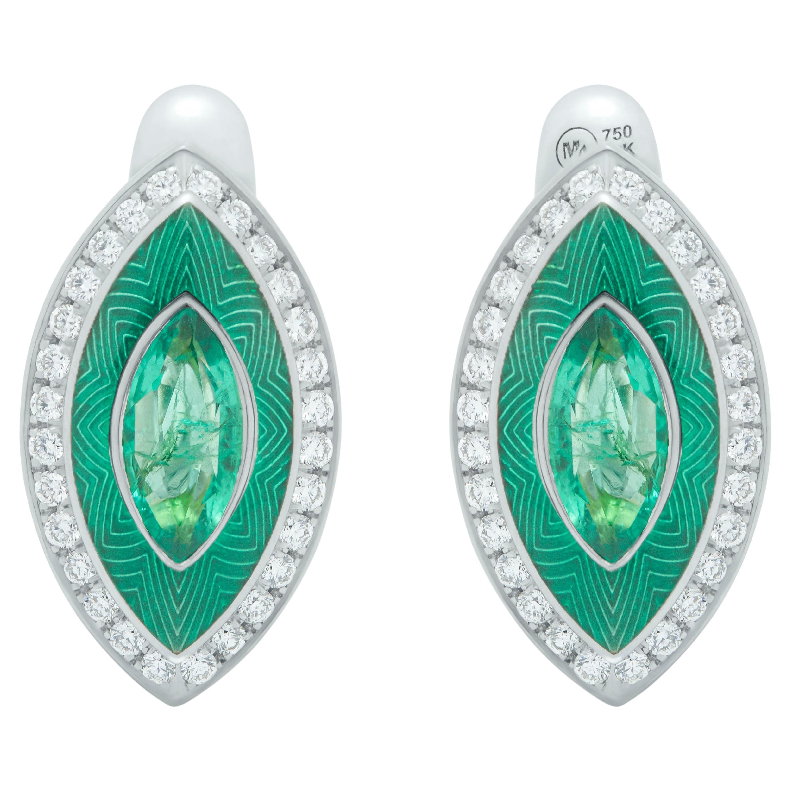 Tweed-Marquise-Ohrringe mit Smaragden und Diamanten aus 18 Karat Weißgold im Angebot
