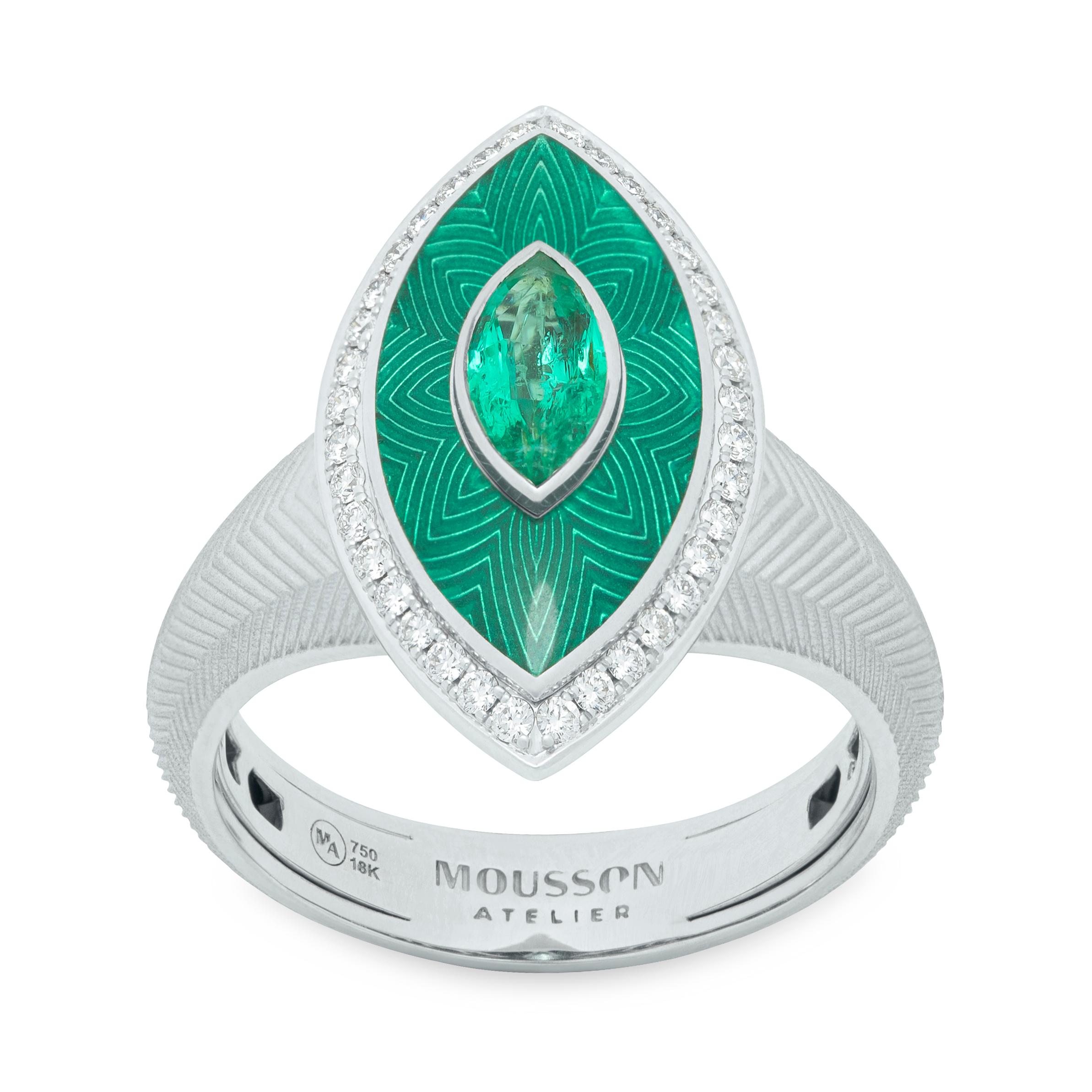 Emeralds Diamonds 18 Karat White Gold Tweed Marquise Suite
What we presented to you is the Suite from our famous Tweed collection. But it was made in an unusual form of a marquise. Incredibly beautiful green shades of central stones Emeralds and