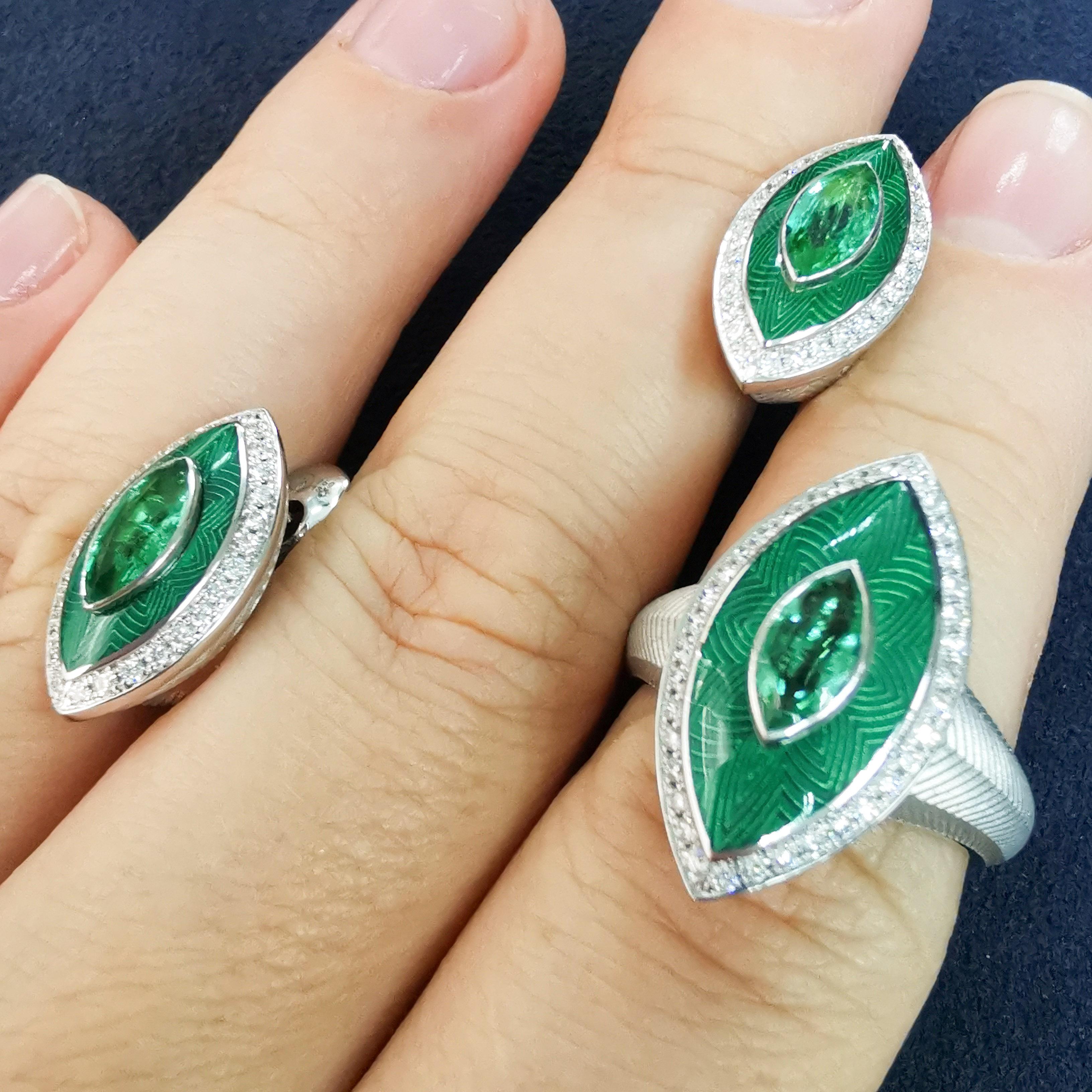Marquise Cut Emeralds Diamonds 18 Karat White Gold Tweed Marquise Suite For Sale