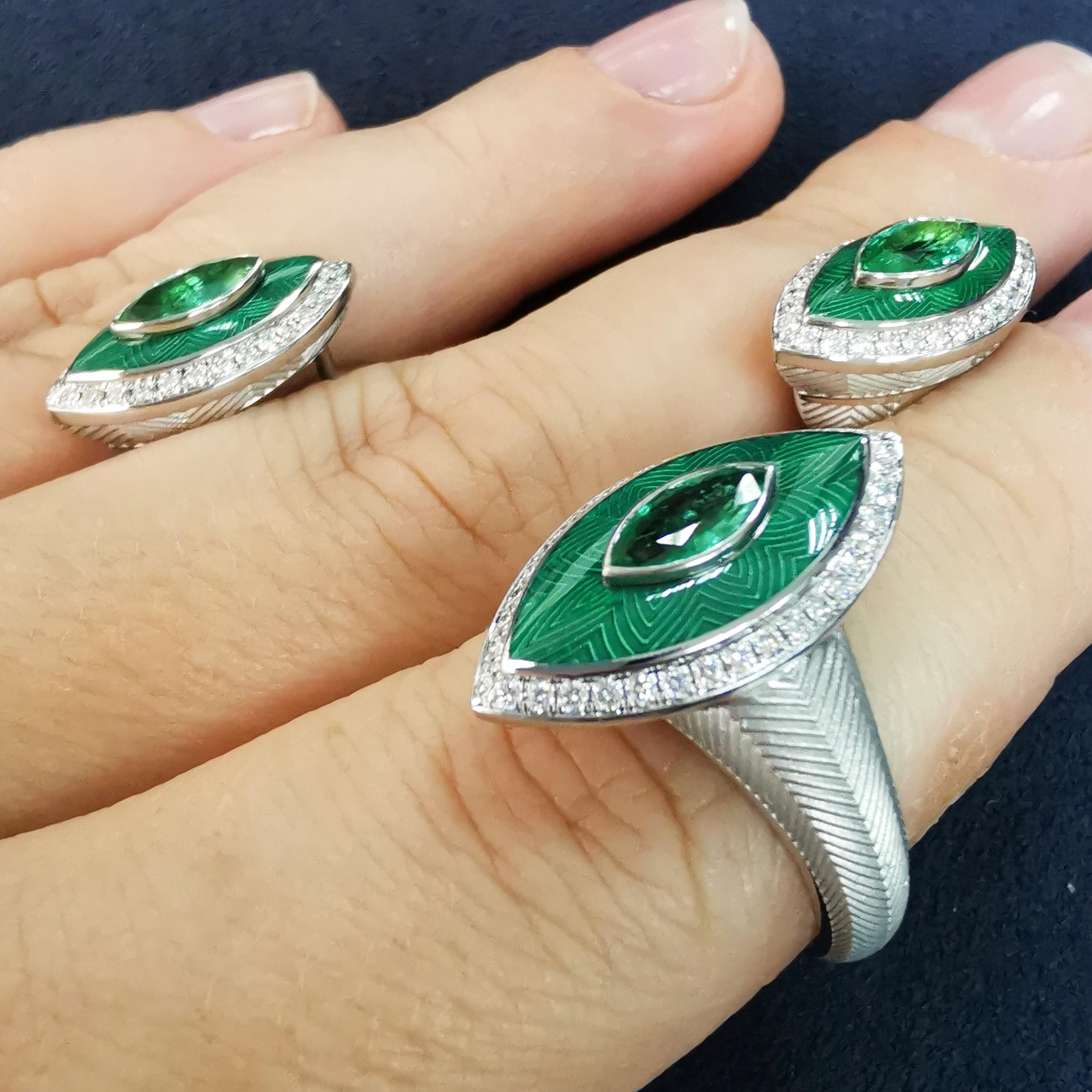 Emeralds Diamonds 18 Karat White Gold Tweed Marquise Suite In New Condition For Sale In Bangkok, TH