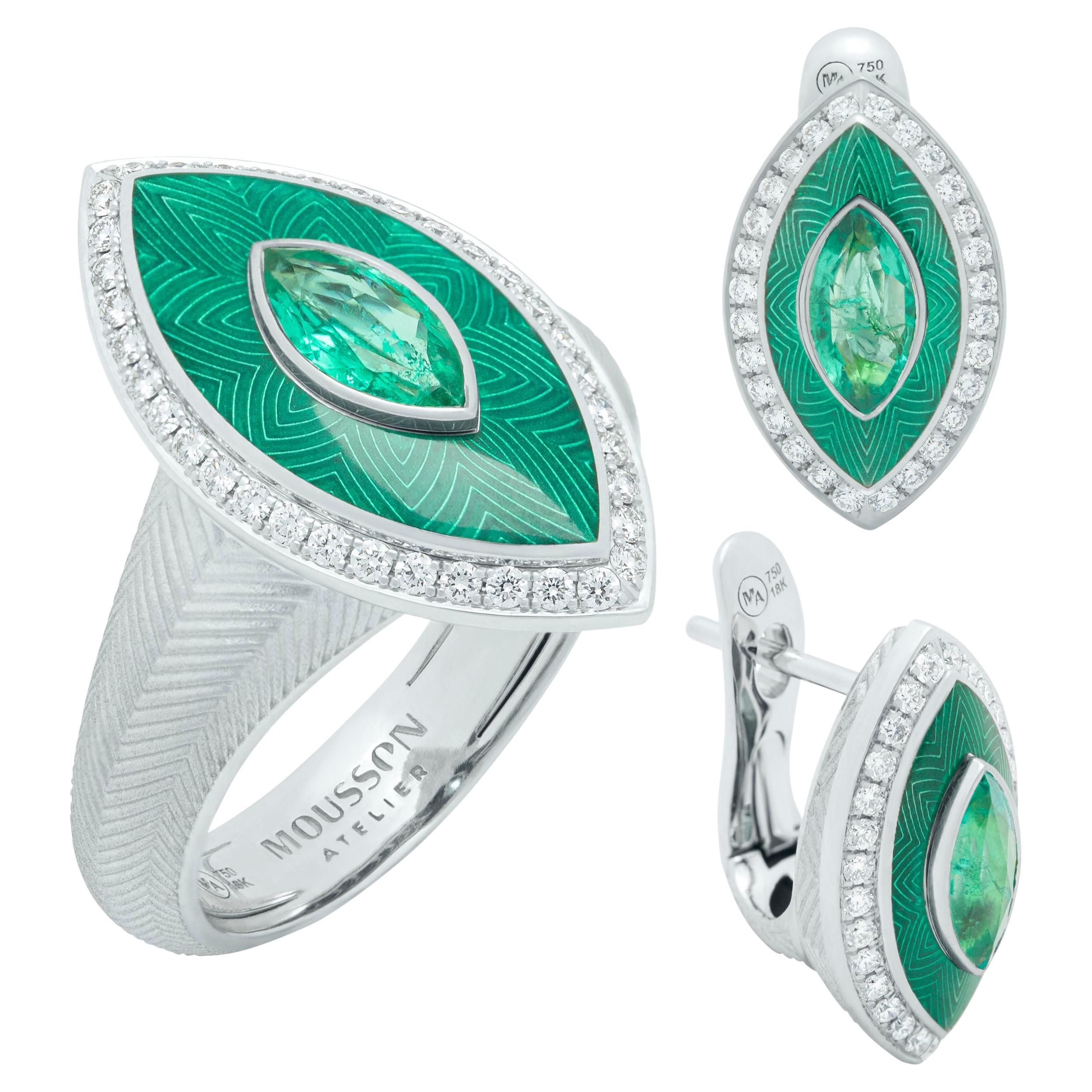 Emeralds Diamonds 18 Karat White Gold Tweed Marquise Suite For Sale