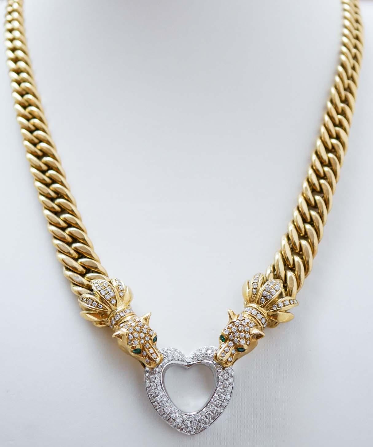 Magnificent necklace mounted with two chains in 18 kt yellow gold and, at the ends of them, two lion heads. In their mouth, an heart studded with diamonds.
This necklace was totally handmade by Italian master goldsmiths and it is in perfect