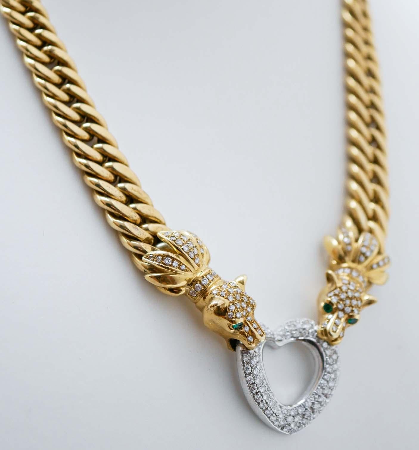 Retro Emeralds, Diamonds, 18 Karat Yellow Gold and White Gold Necklace.