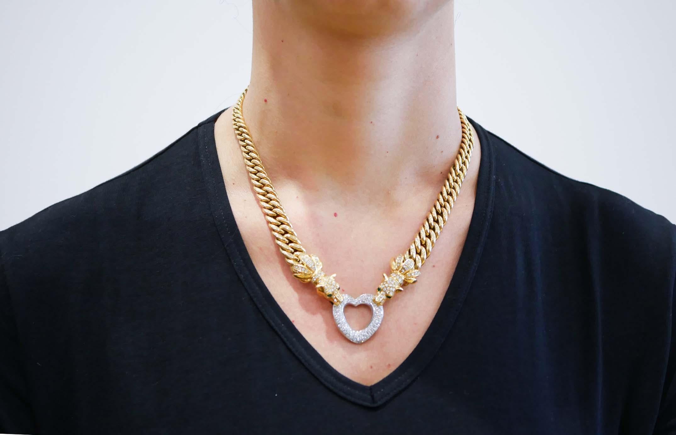 Women's Emeralds, Diamonds, 18 Karat Yellow Gold and White Gold Necklace.