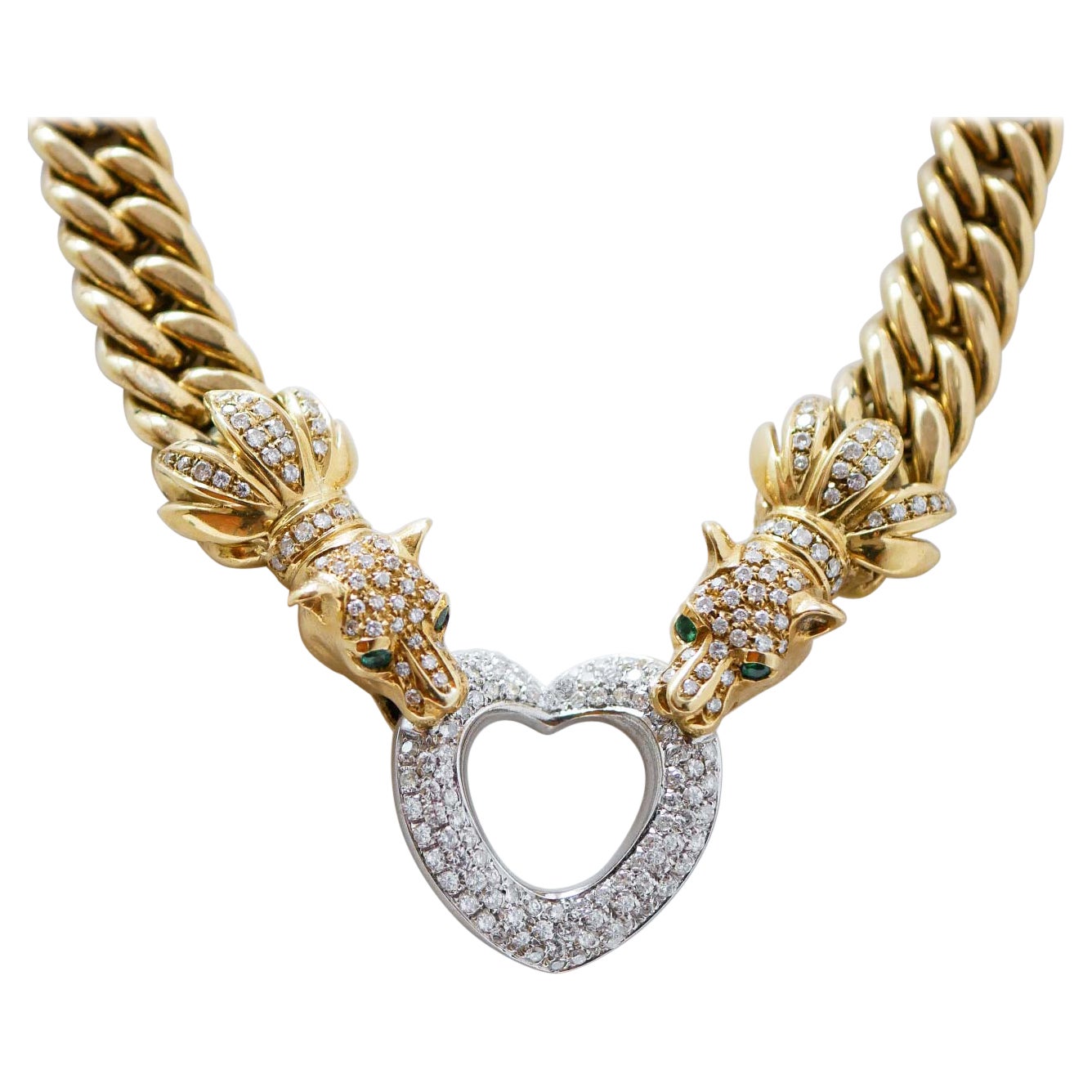 Emeralds, Diamonds, 18 Karat Yellow Gold and White Gold Necklace. For Sale