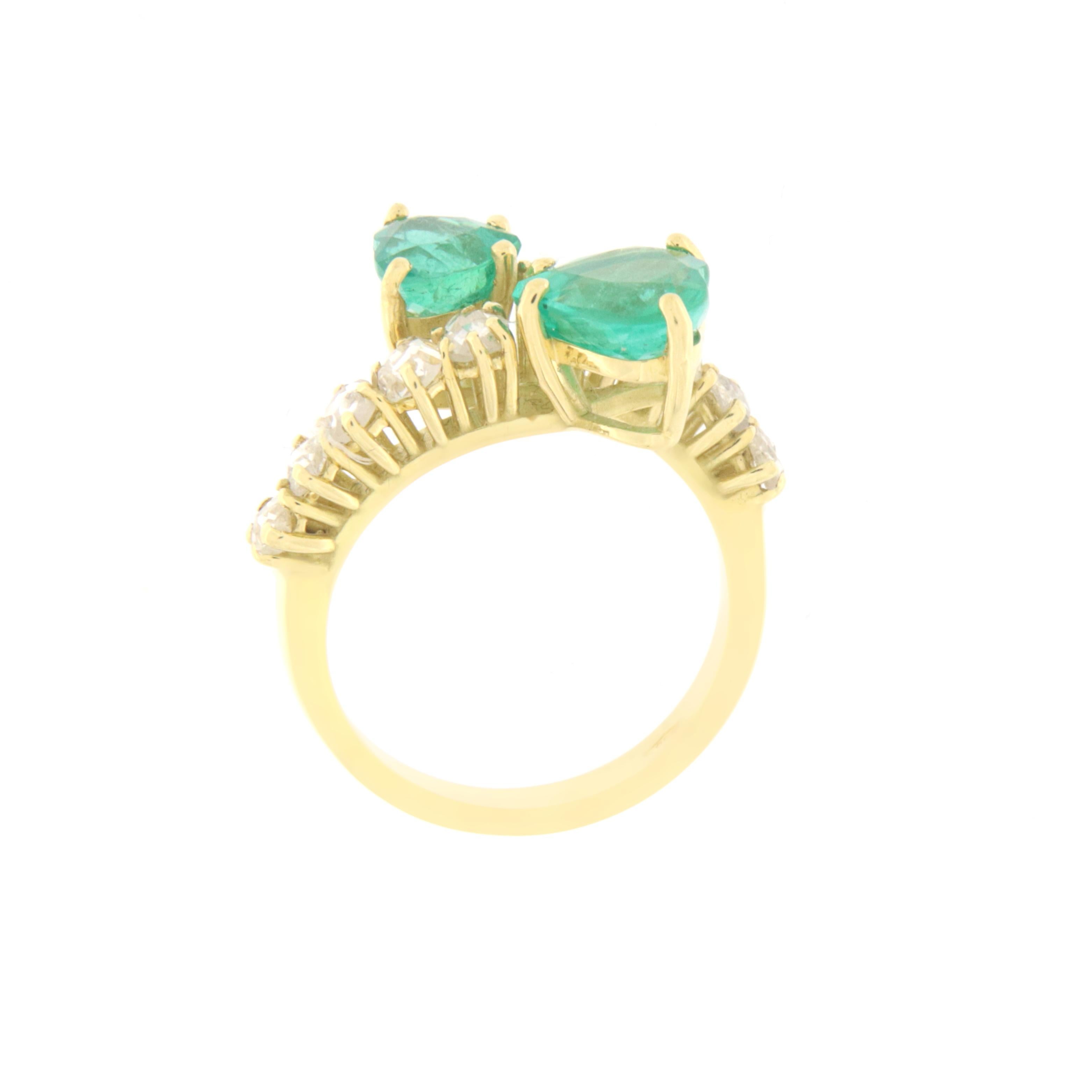 Artisan Emeralds Diamonds 18 Karat Yellow Gold Cocktail Ring For Sale