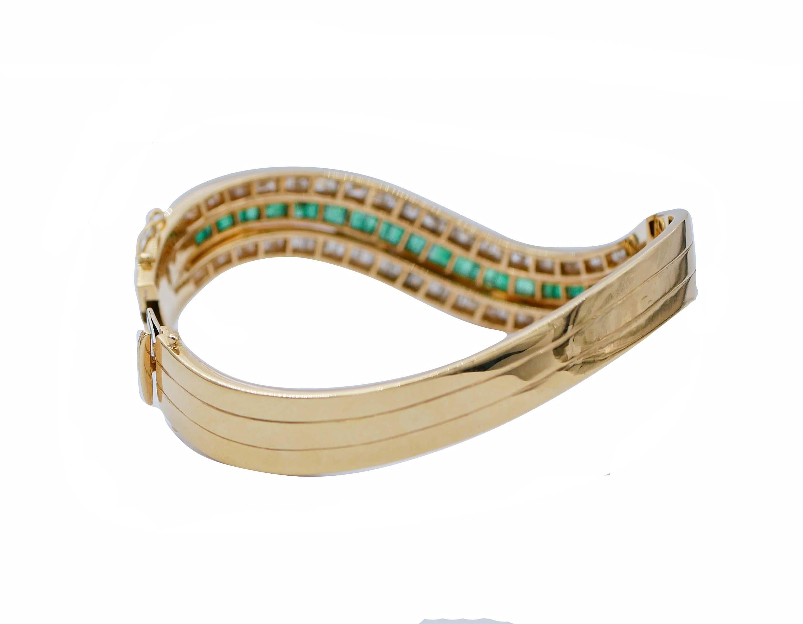 Retro Emeralds, Diamonds 18Kt Yellow Gold Clamper Bracelet For Sale