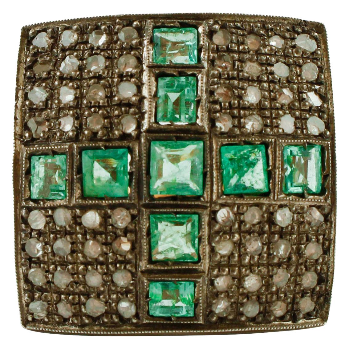 Emeralds, Diamonds, 9 Karat Rose Gold and Silver Cluster Retrò Ring