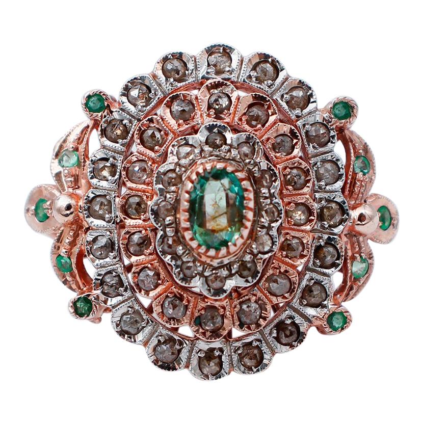 Emeralds, Diamonds, 9 Karat Rose Gold and Silver Retrò Ring For Sale