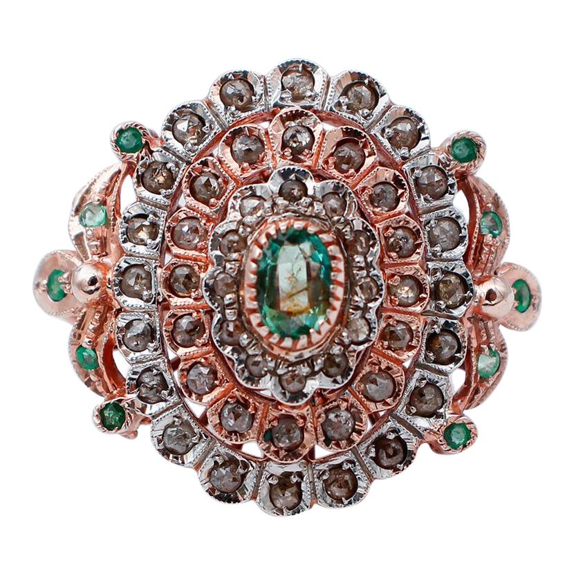 Emeralds, Diamonds, 9 Karat Rose Gold and Silver Retrò Ring