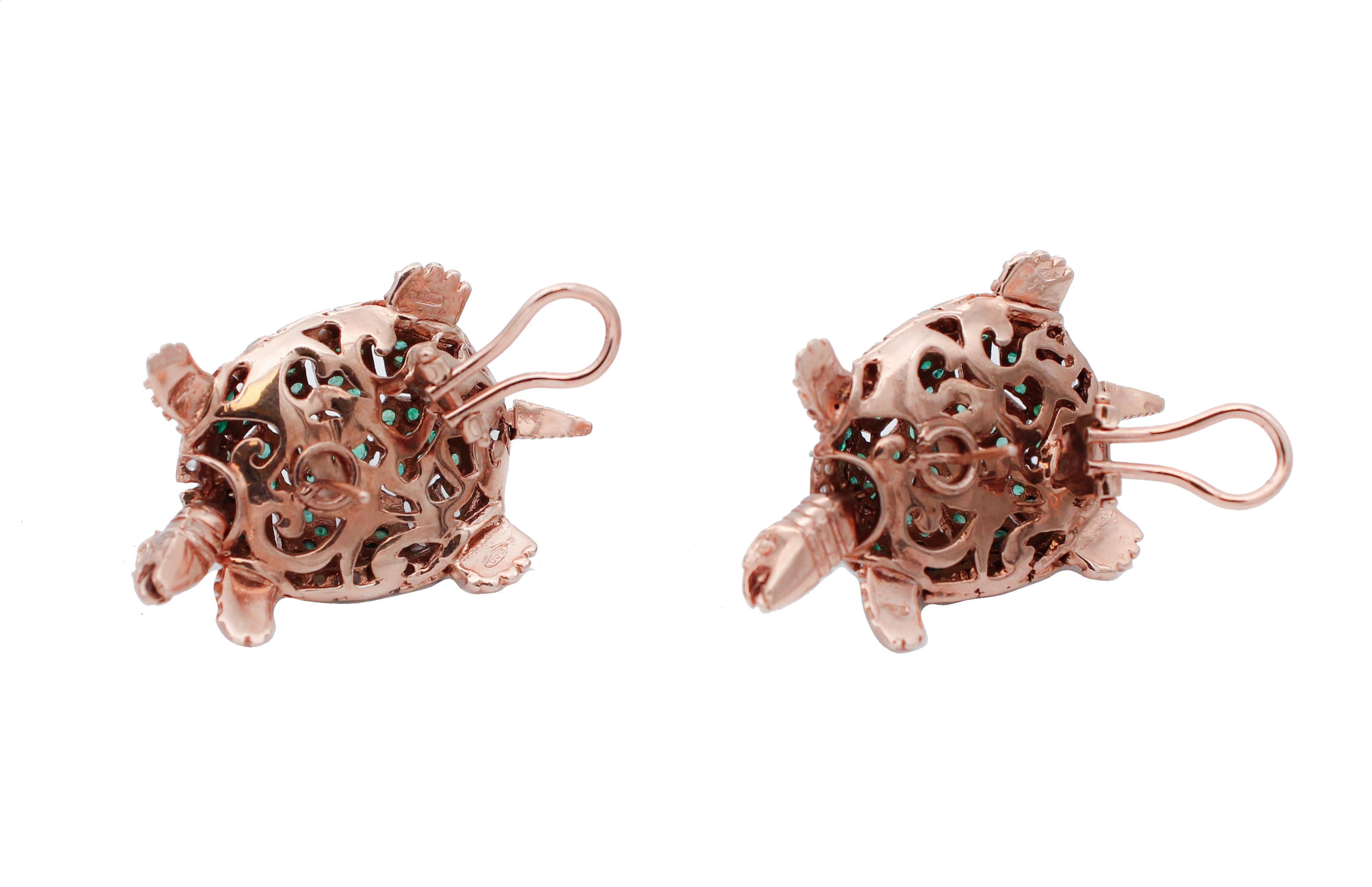 Round Cut Emeralds, Diamonds 9 Karat Rose Gold and Silver Turtle Earrings