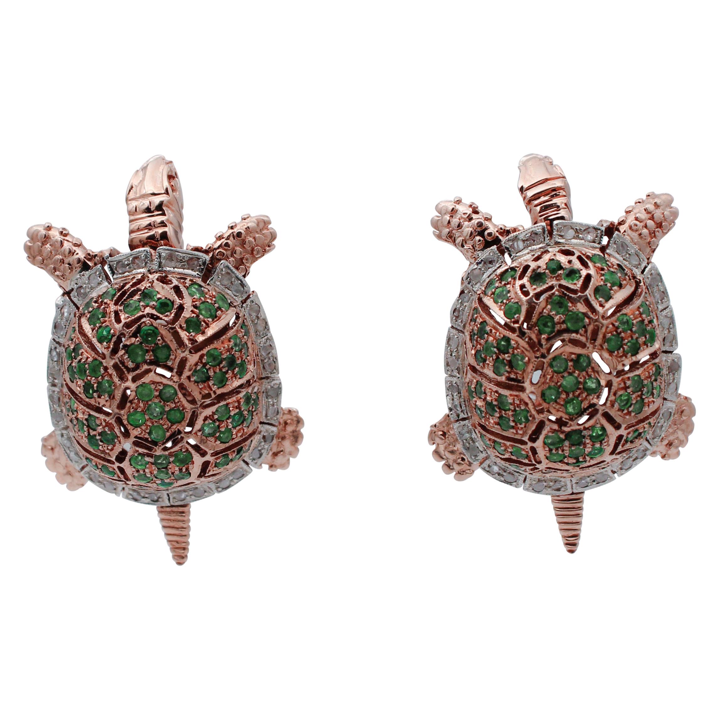 Emeralds, Diamonds 9 Karat Rose Gold and Silver Turtle Earrings