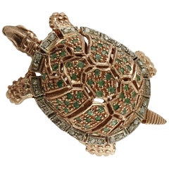 Emeralds, Diamonds 9 Karat Rose Gold and Silver Turtle Ring