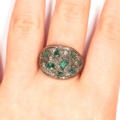 Emeralds Diamonds 9 Karat Rose Gold Sterling Silver Dome Ring Made in Italy