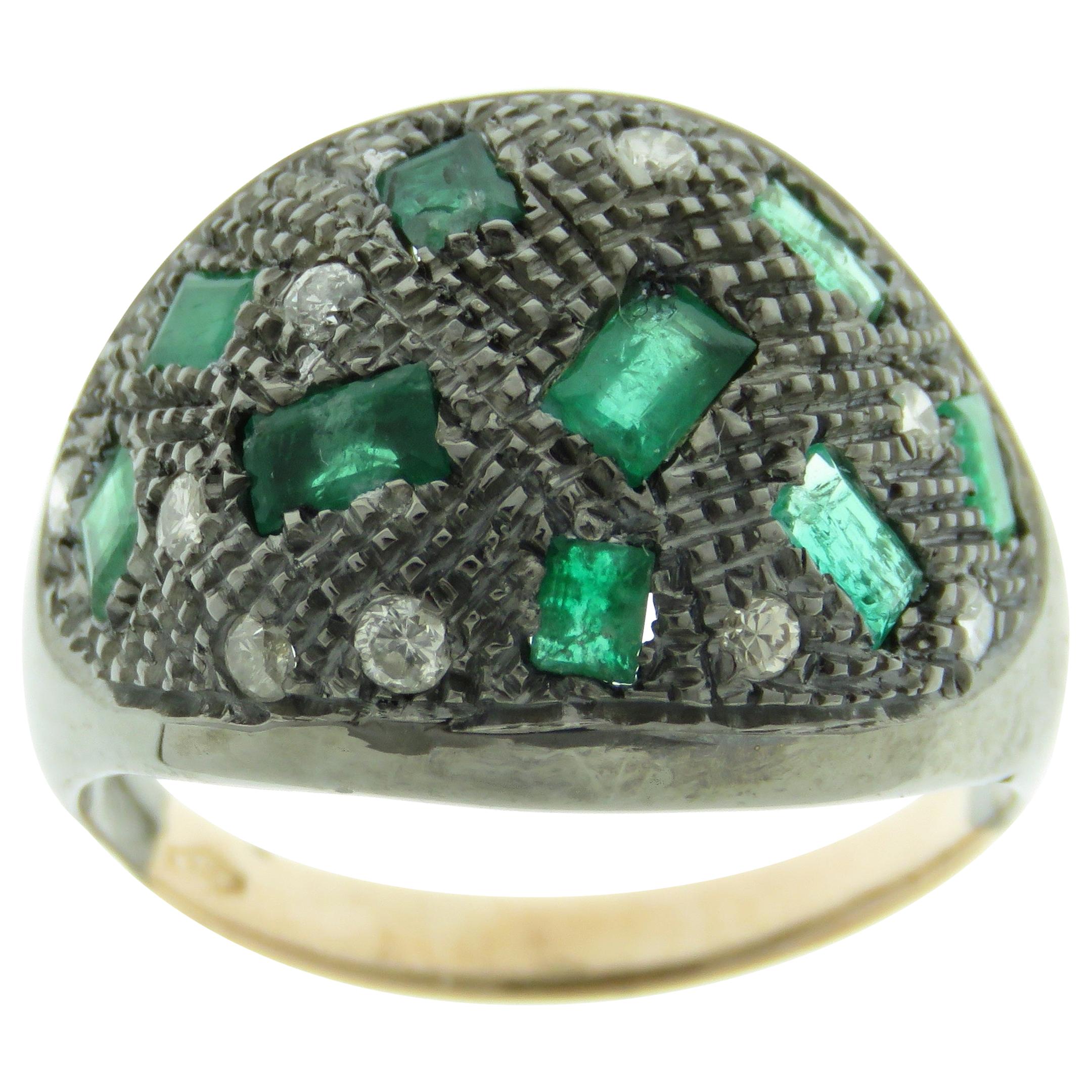 Emeralds Diamonds 9 Karat Rose Gold Sterling Silver Dome Ring Made in Italy