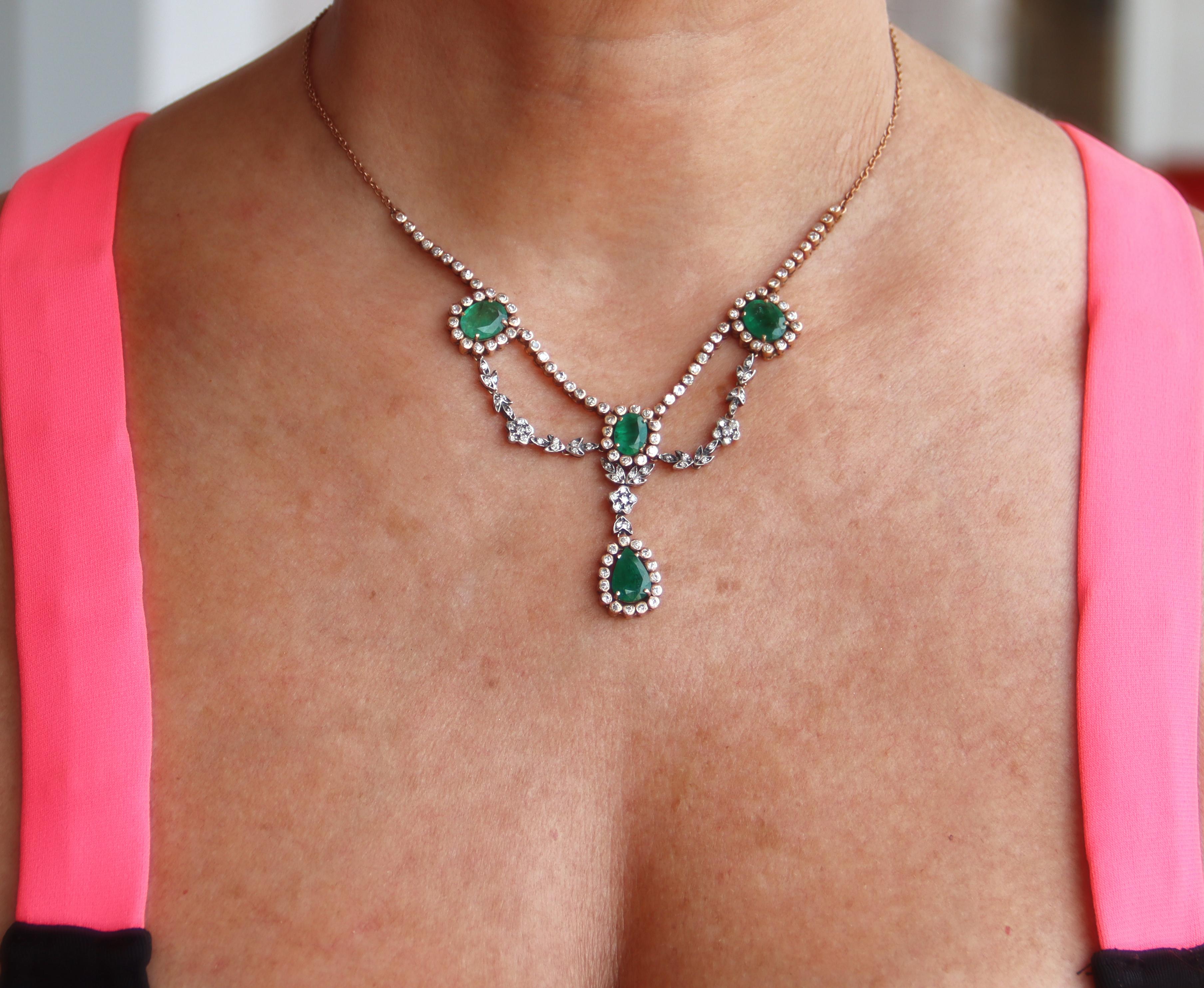 Emeralds Diamonds 9 Karat Yellow Gold Pendant Necklace For Sale 4