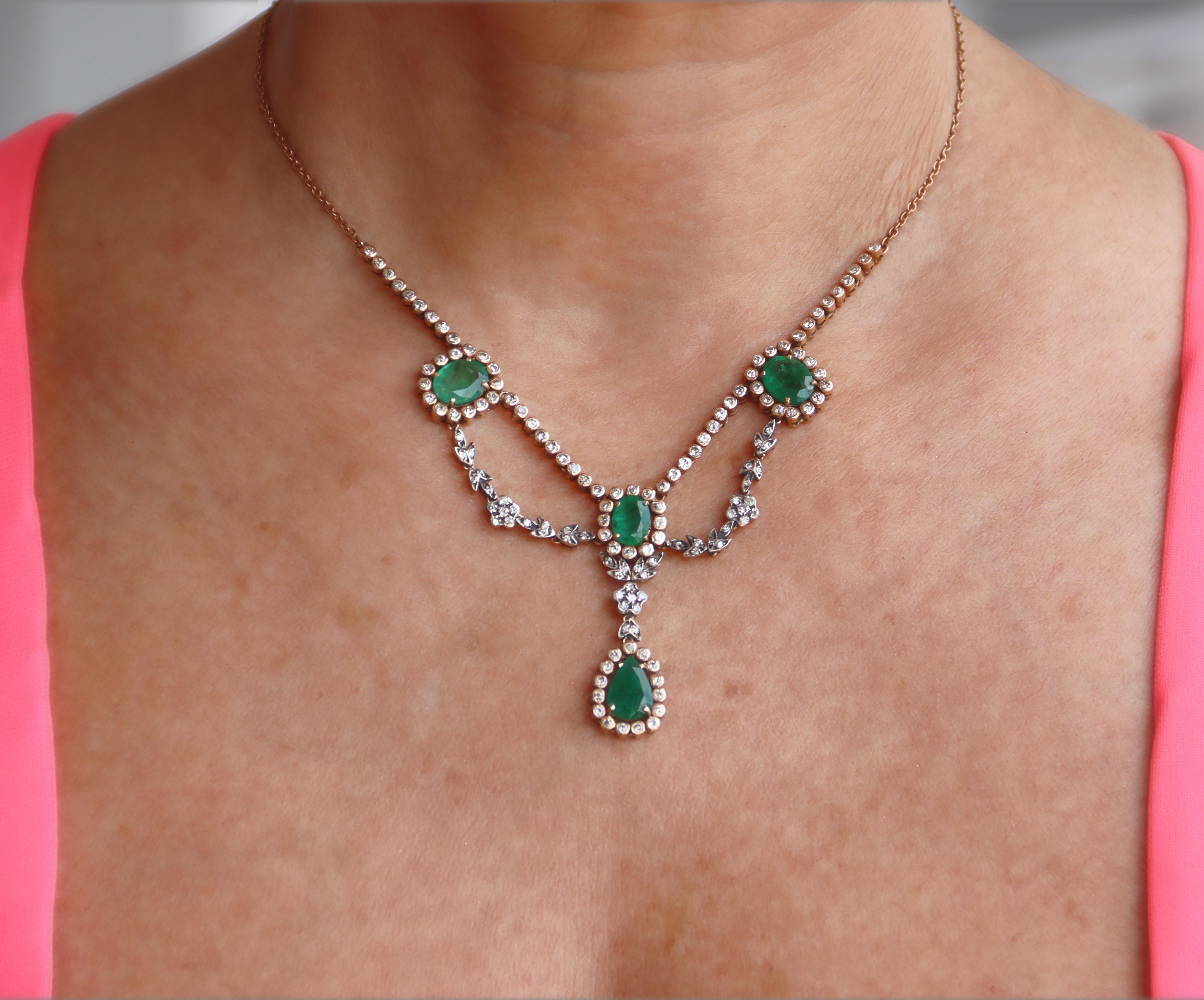 Emeralds Diamonds 9 Karat Yellow Gold Pendant Necklace For Sale 5
