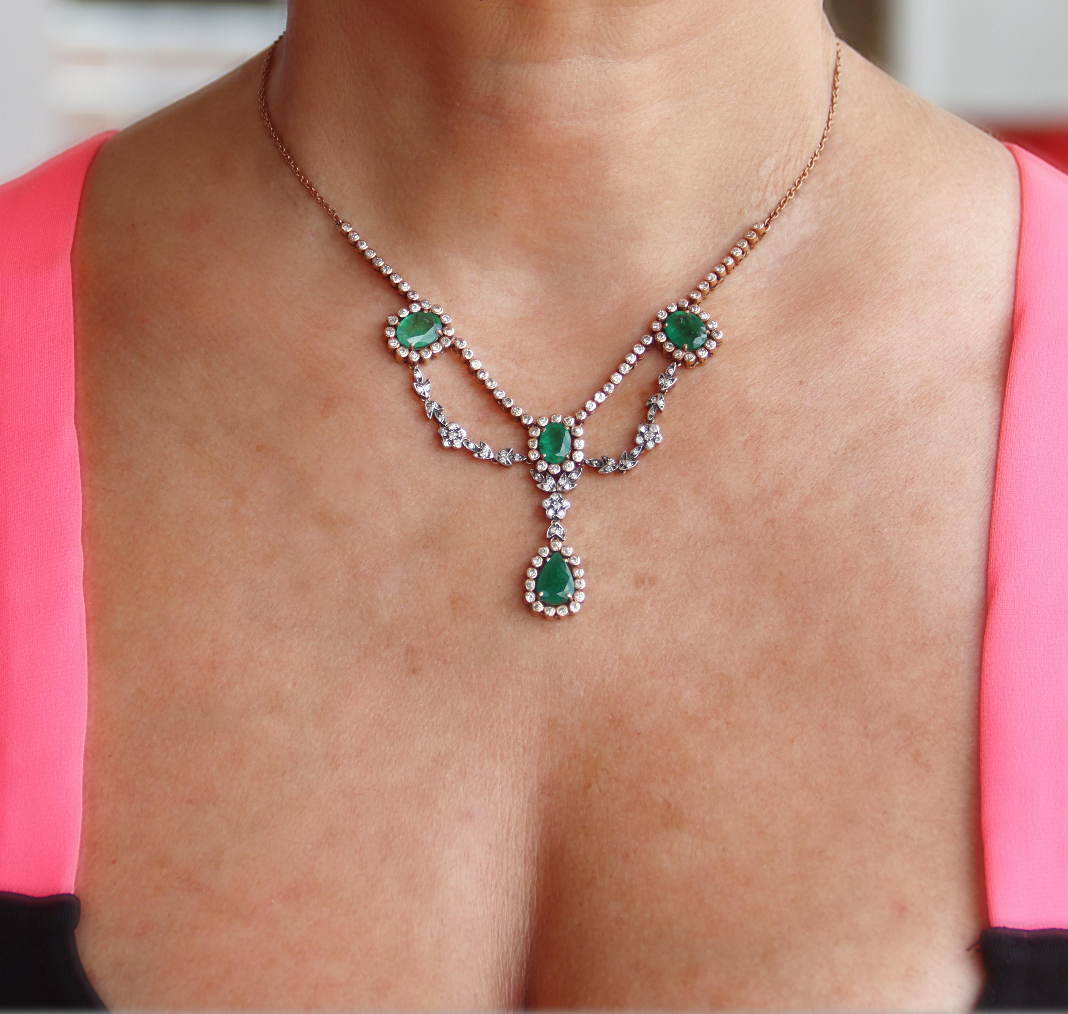 Emeralds Diamonds 9 Karat Yellow Gold Pendant Necklace For Sale 6