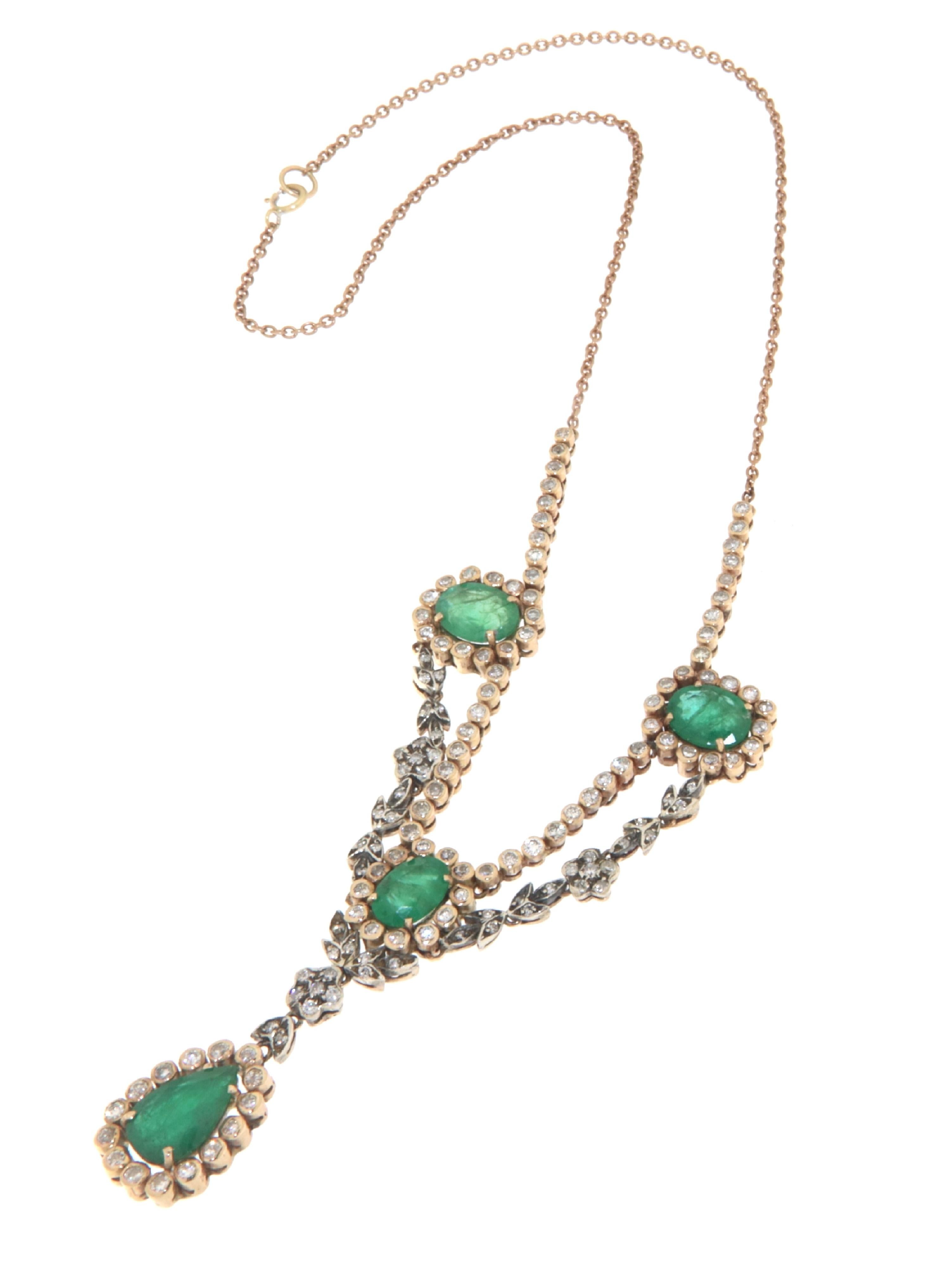 Artisan Emeralds Diamonds 9 Karat Yellow Gold Pendant Necklace For Sale