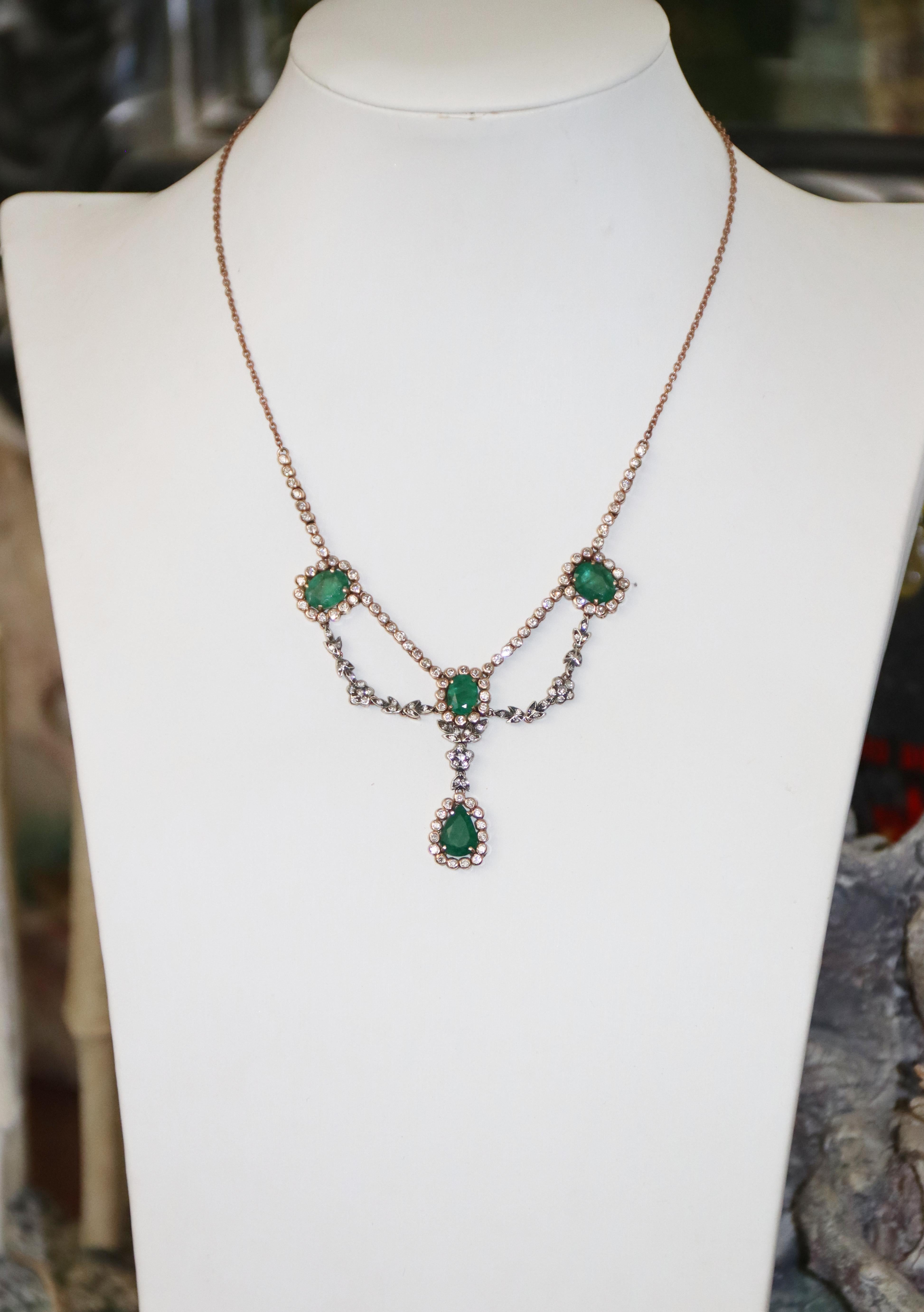 Emeralds Diamonds 9 Karat Yellow Gold Pendant Necklace For Sale 1