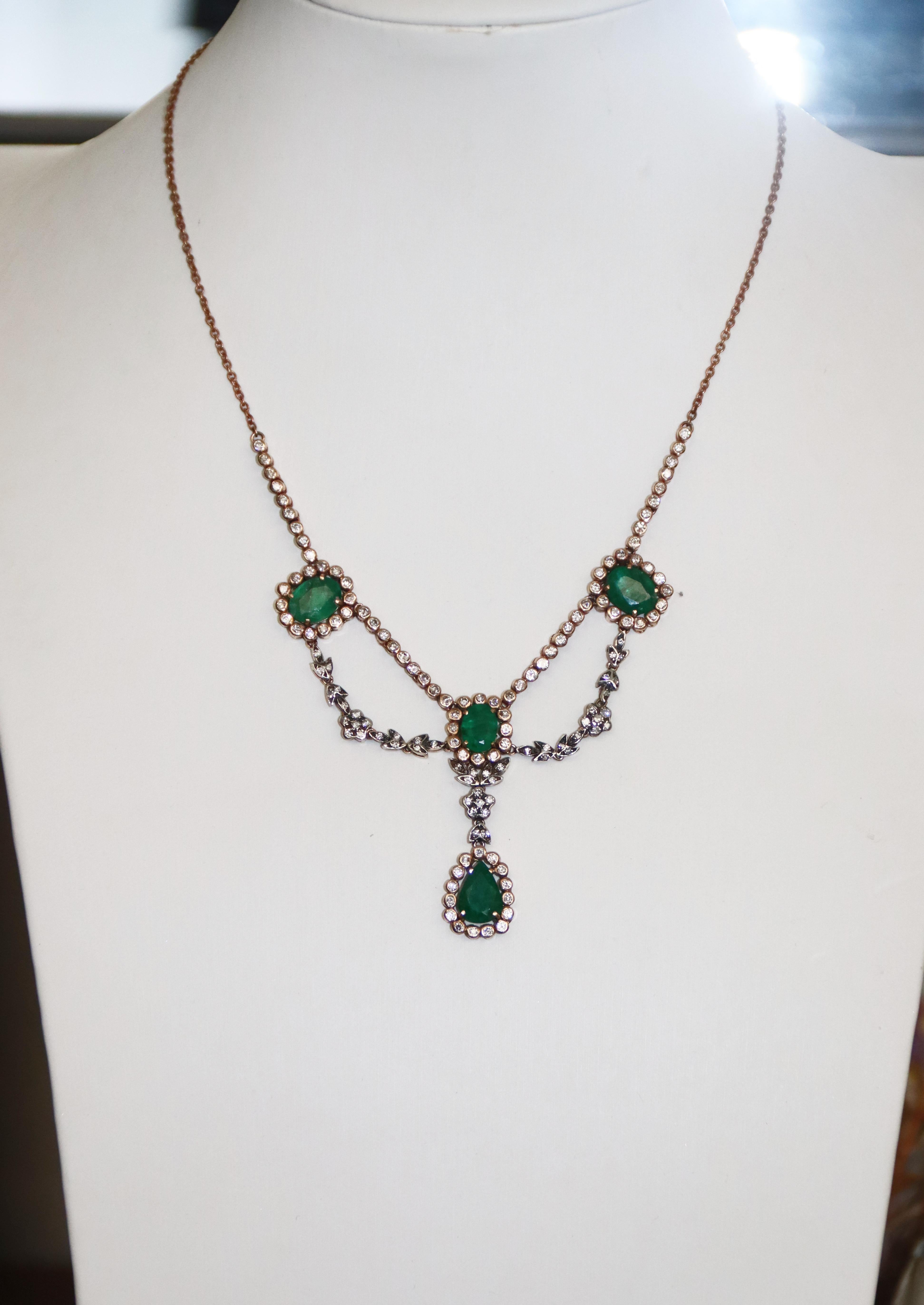 Emeralds Diamonds 9 Karat Yellow Gold Pendant Necklace For Sale 2
