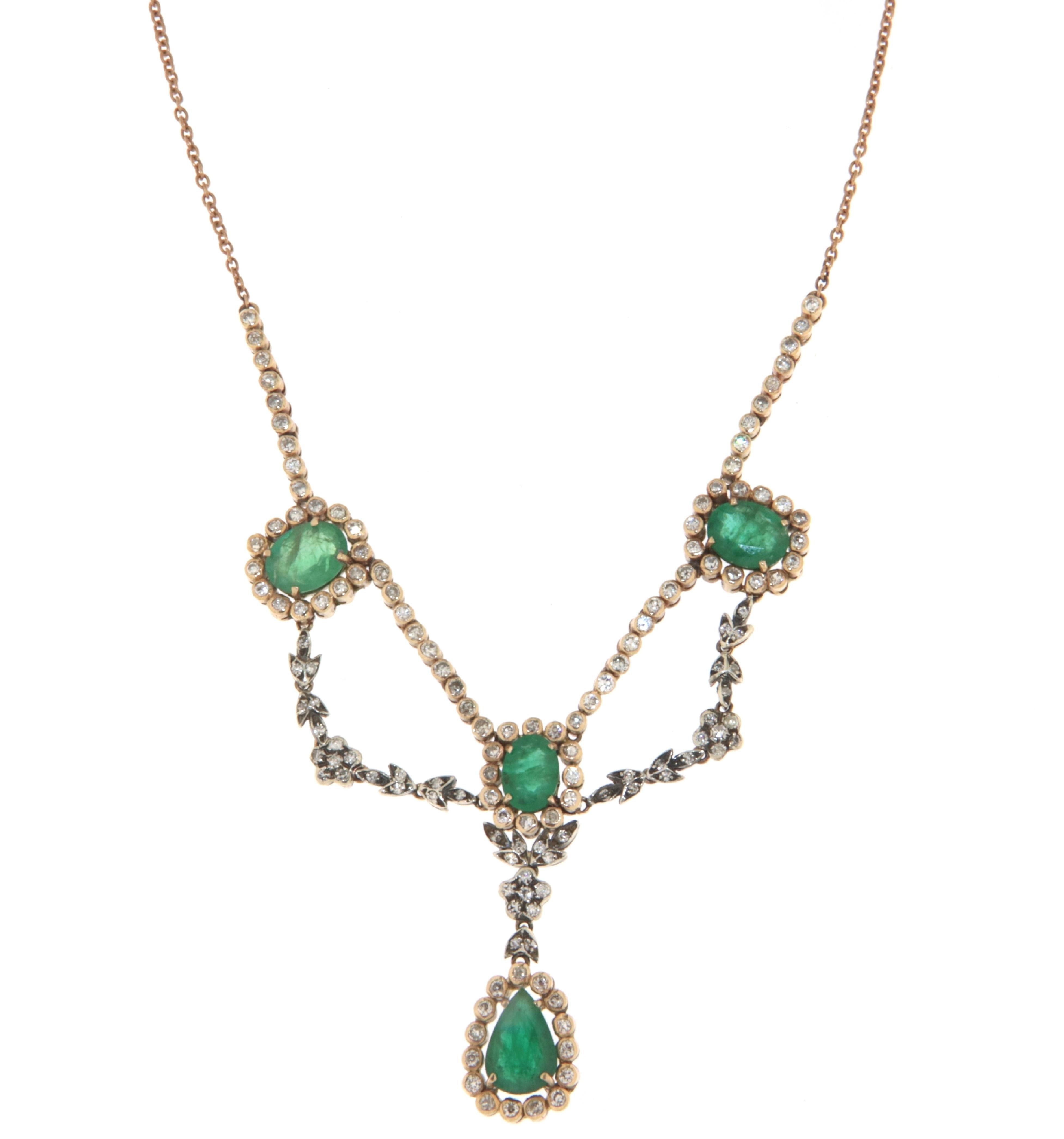 Emeralds Diamonds 9 Karat Yellow Gold Pendant Necklace For Sale 3