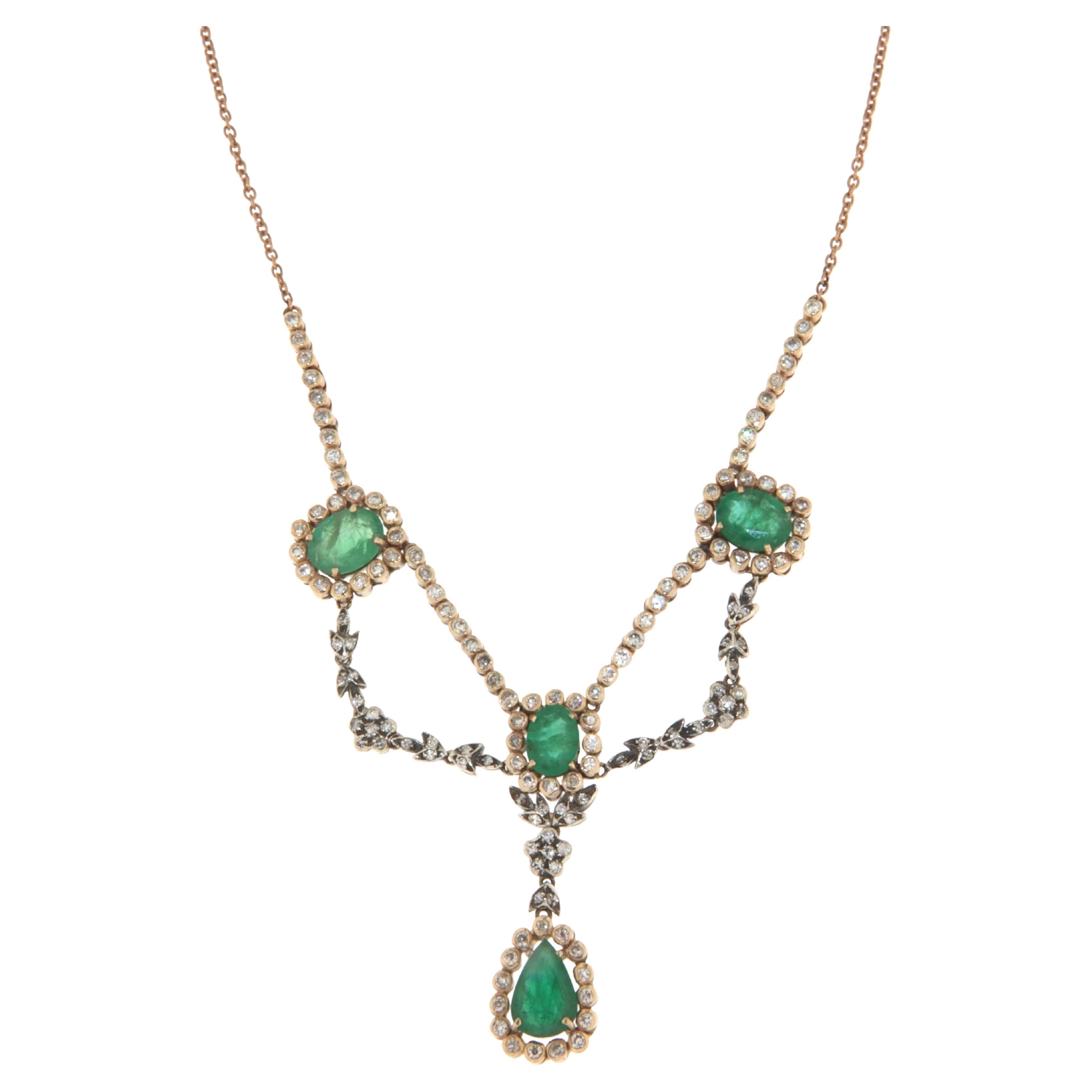 Emeralds Diamonds 9 Karat Yellow Gold Pendant Necklace