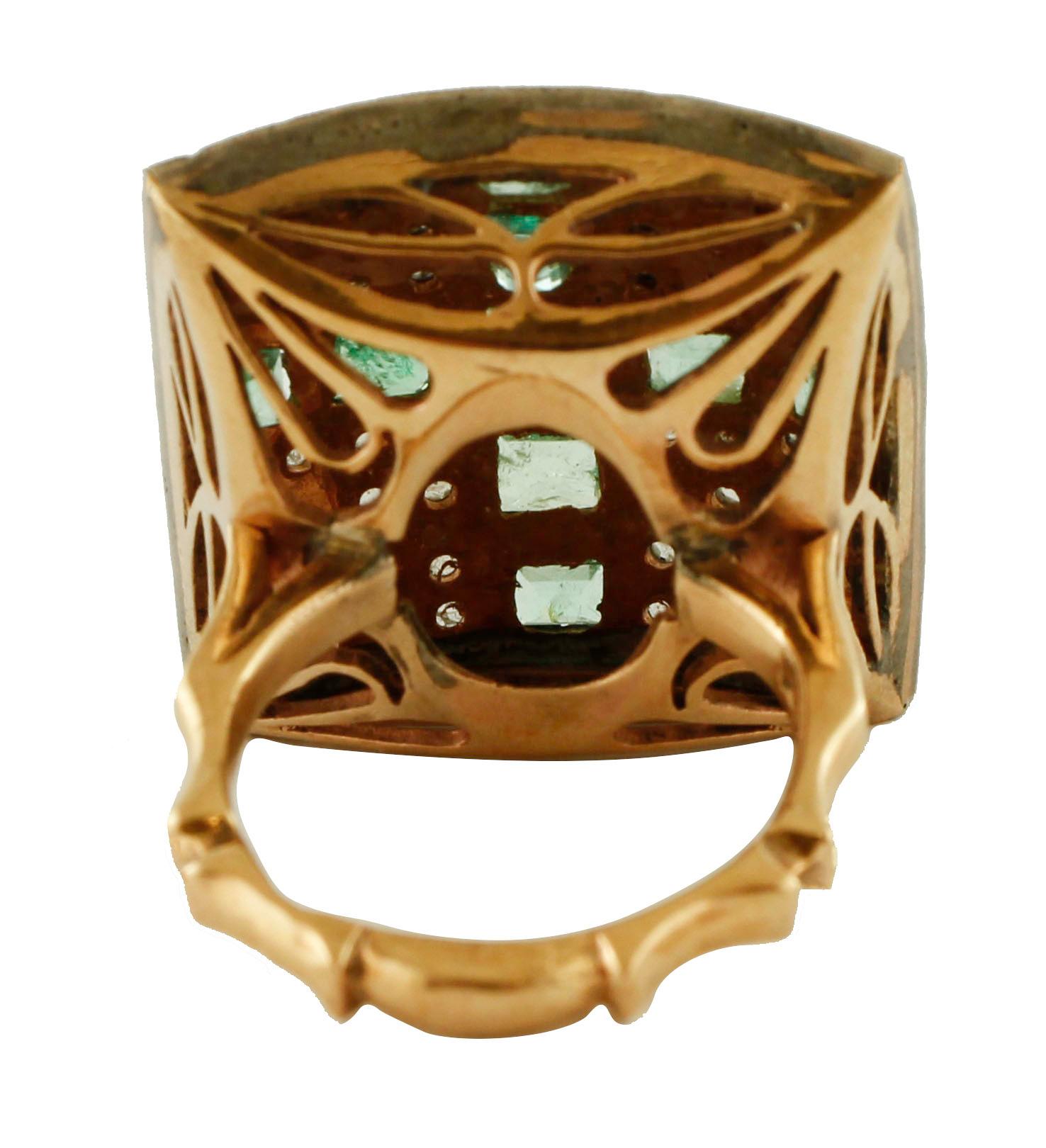 Retro Emeralds, Diamonds, 9 Karat Rose Gold and Silver Cluster Retrò Ring For Sale