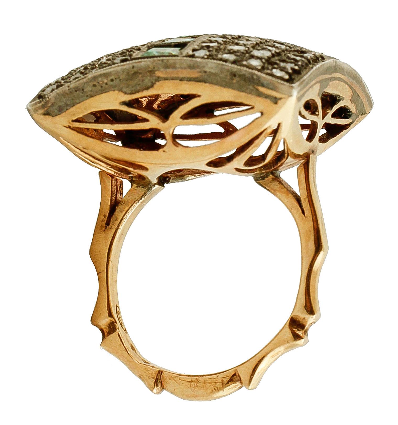 Rose Cut Emeralds, Diamonds, 9 Karat Rose Gold and Silver Cluster Retrò Ring For Sale