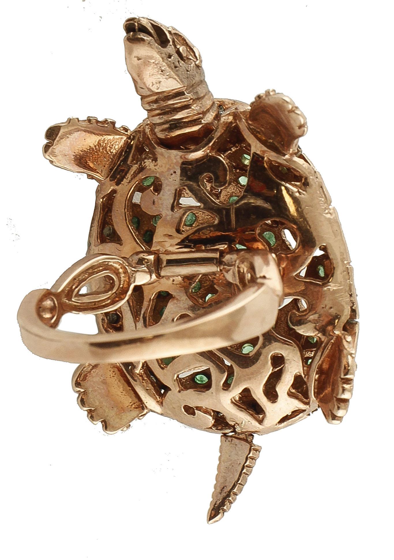 Retro Emeralds, Diamonds 9 Karat Rose Gold and Silver Turtle Ring