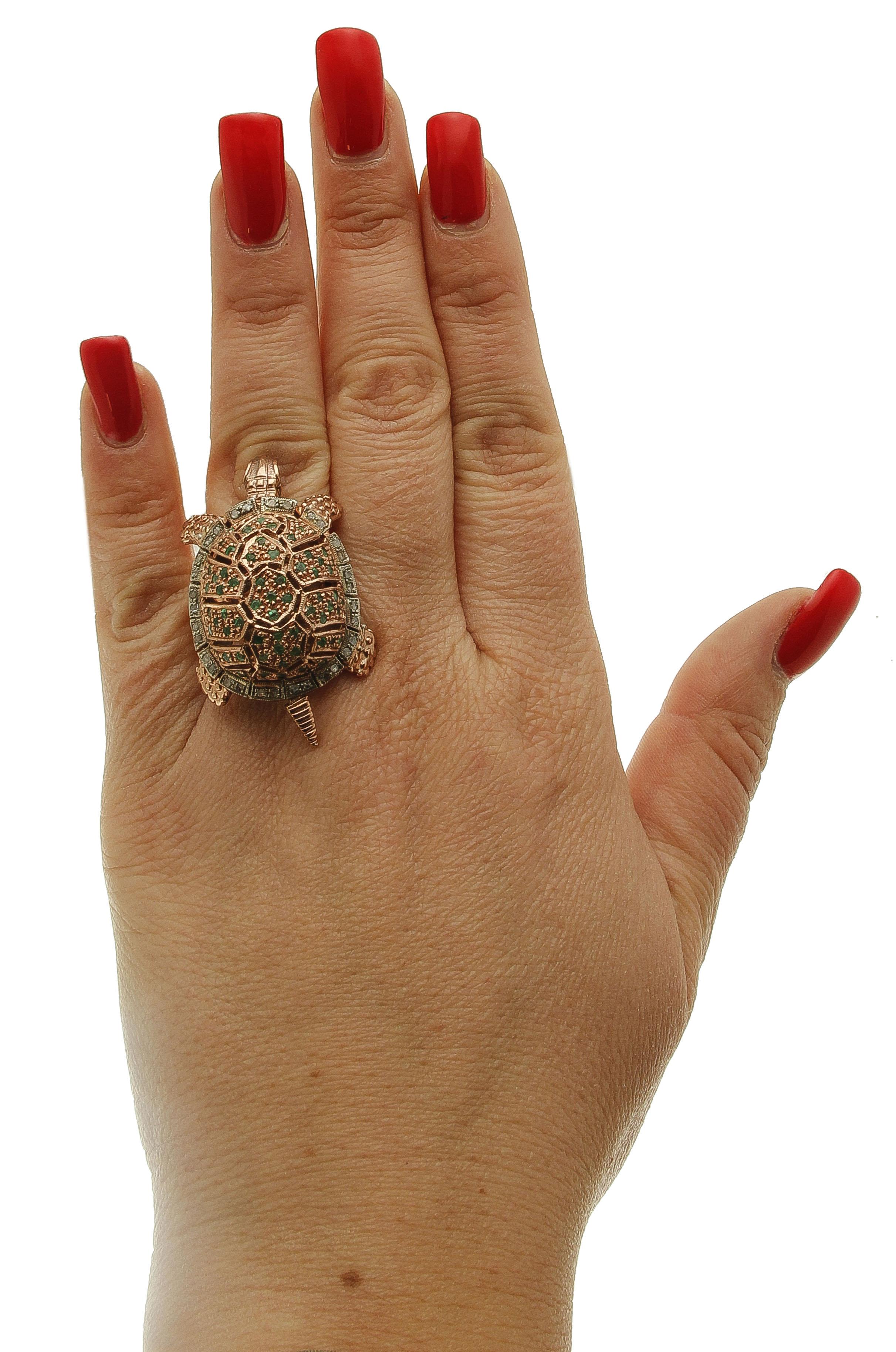 Mixed Cut Emeralds, Diamonds 9 Karat Rose Gold and Silver Turtle Ring