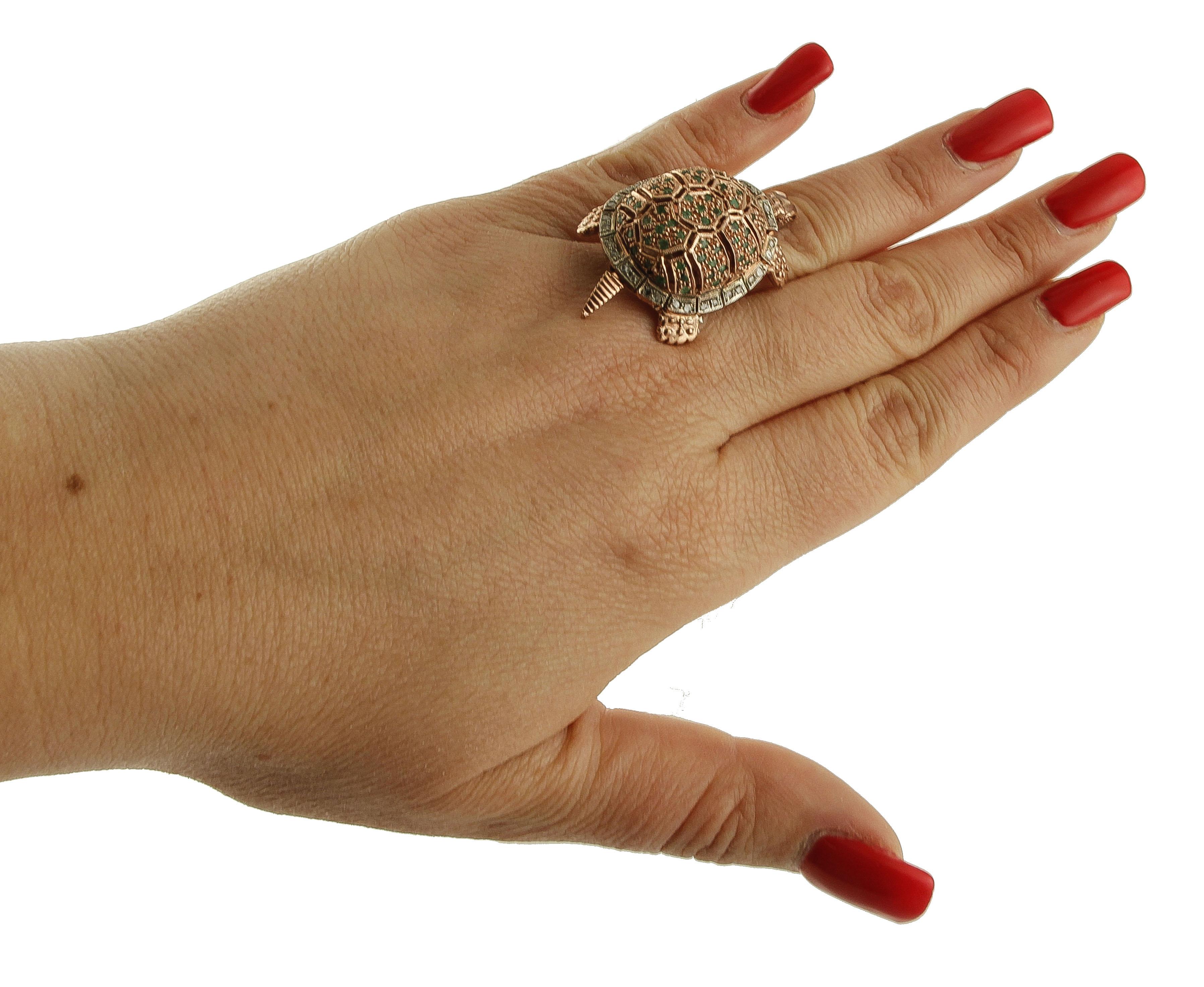Women's Emeralds, Diamonds 9 Karat Rose Gold and Silver Turtle Ring