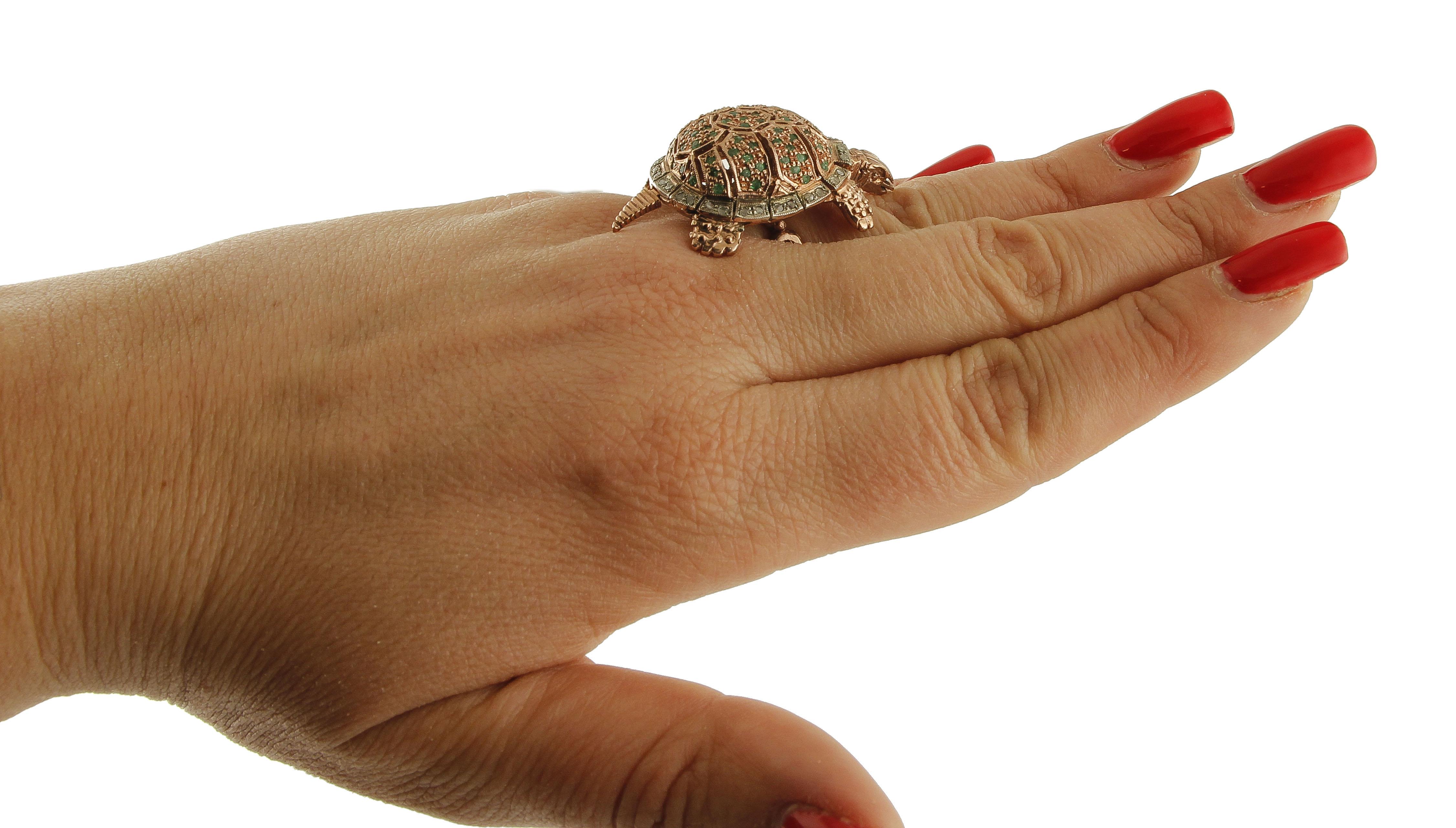 Emeralds, Diamonds 9 Karat Rose Gold and Silver Turtle Ring 1