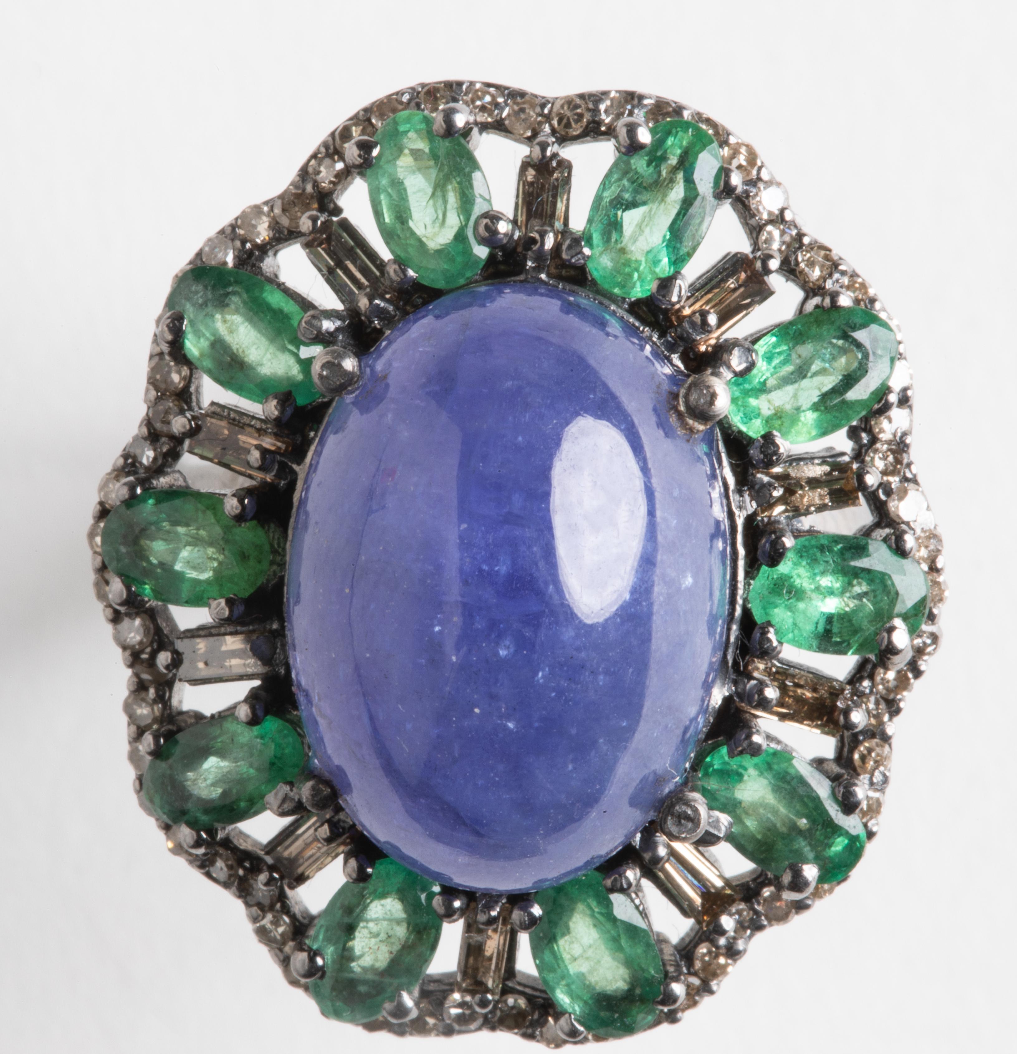 Cabochon Emeralds, Diamonds and Tanzanite Dome Cocktail Ring