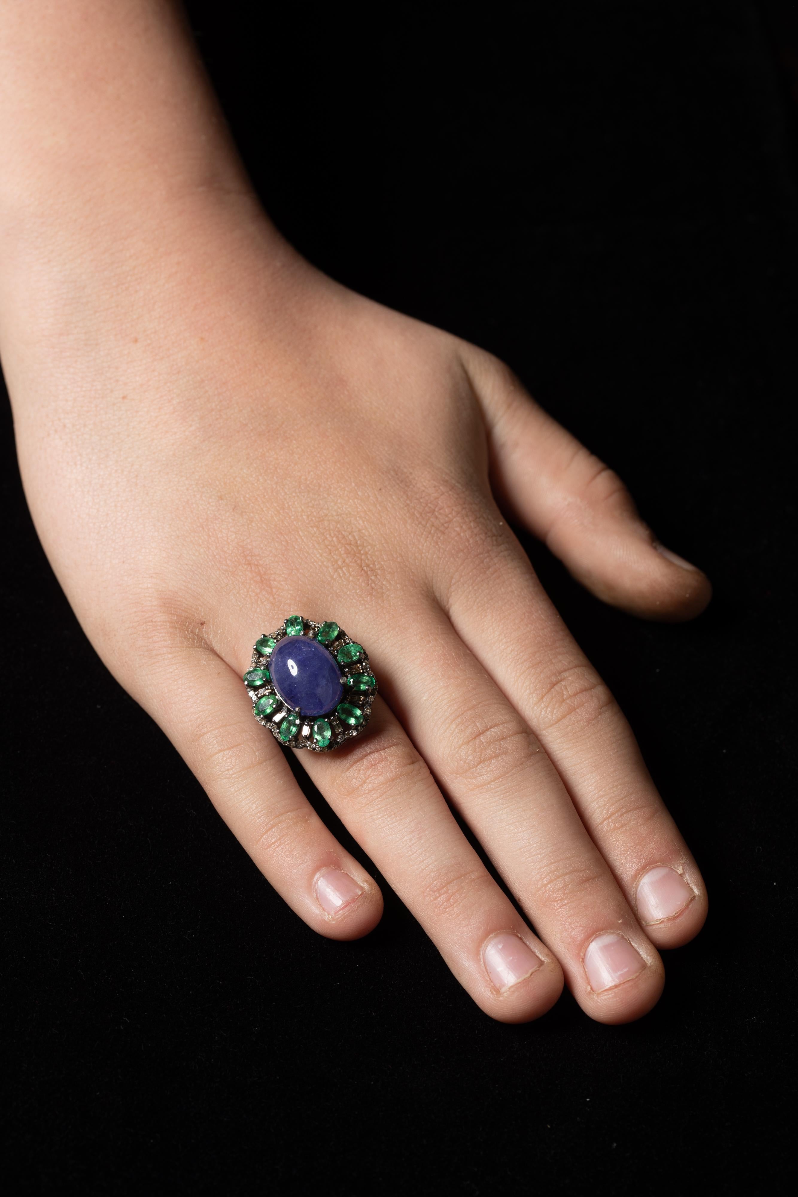 Emeralds, Diamonds and Tanzanite Dome Cocktail Ring In Excellent Condition In Nantucket, MA