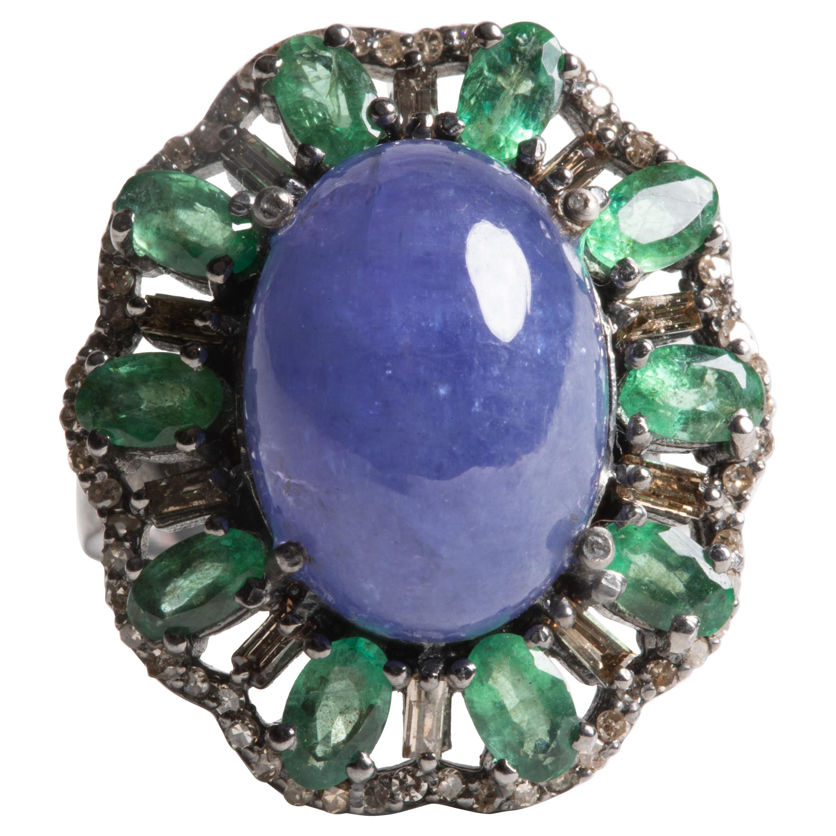 Emeralds, Diamonds and Tanzanite Dome Cocktail Ring
