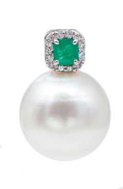 Emeralds, Diamonds, Big White Pearls, 14 Karat White Gold Earrings