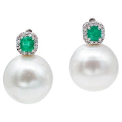 Emeralds, Diamonds, Big White Pearls, 14 Karat White Gold Earrings