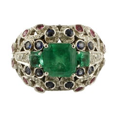 Emeralds, Diamonds, Blue Sapphires, Rubies 18 Karat White Gold Cluster Ring