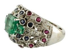 Emeralds, Diamonds, Blue Sapphires, Rubies 18 Karat White Gold Cluster Ring